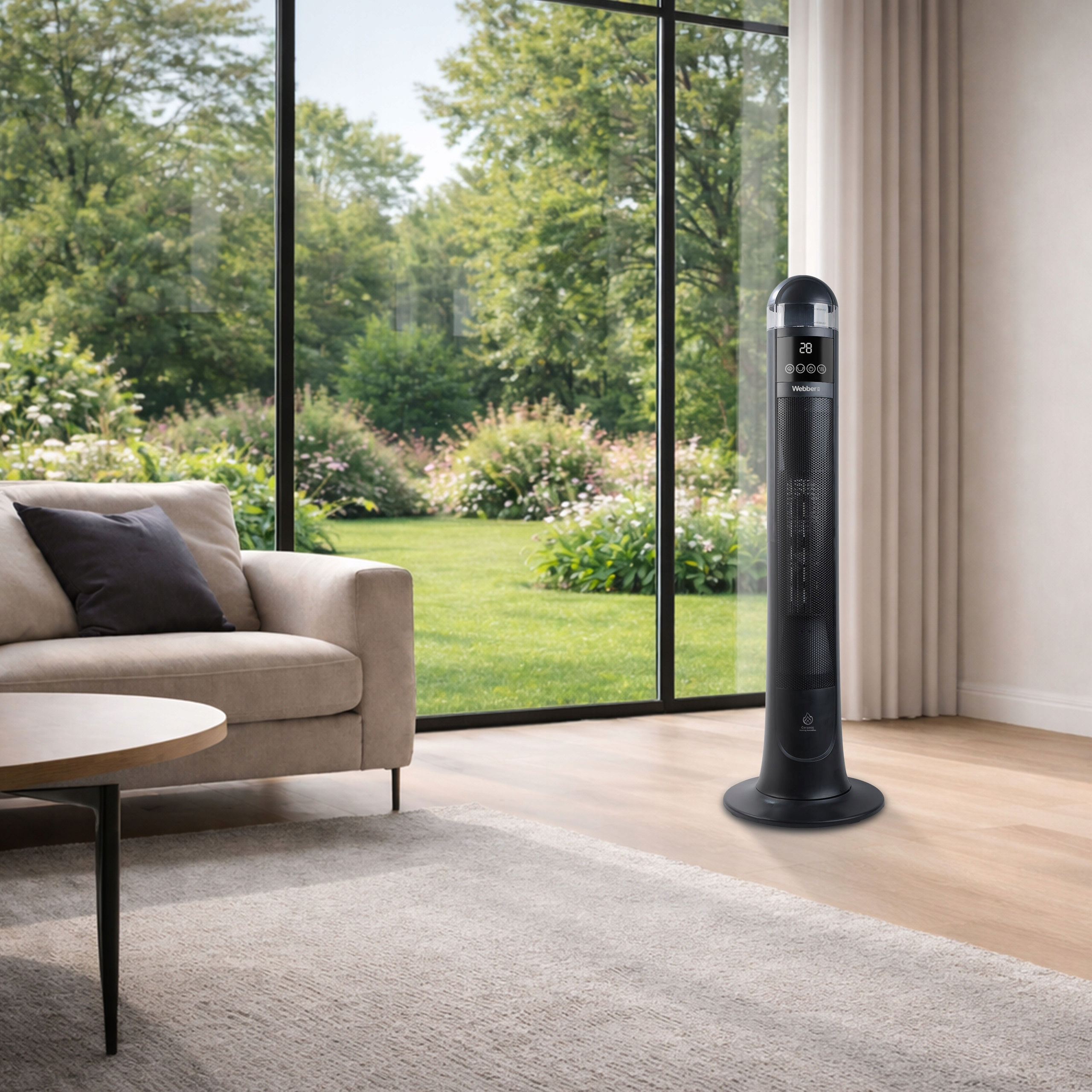 Czarny wentylator wieżowy stoi obok sofy, przed dużym oknem z widokiem na ogród.