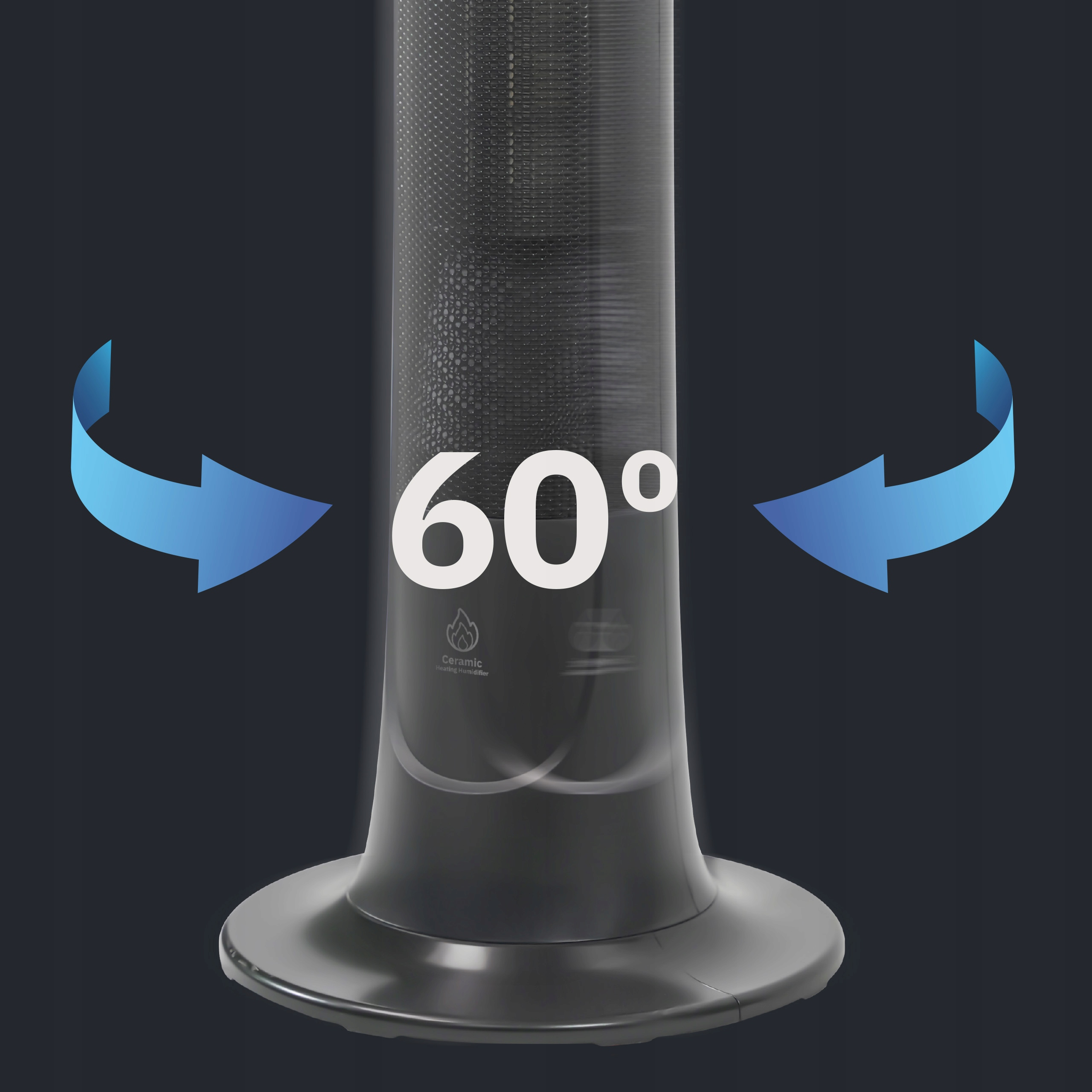 Czarny wentylator wieżowy z napisem "60°" i strzałkami wskazującymi oscylację.