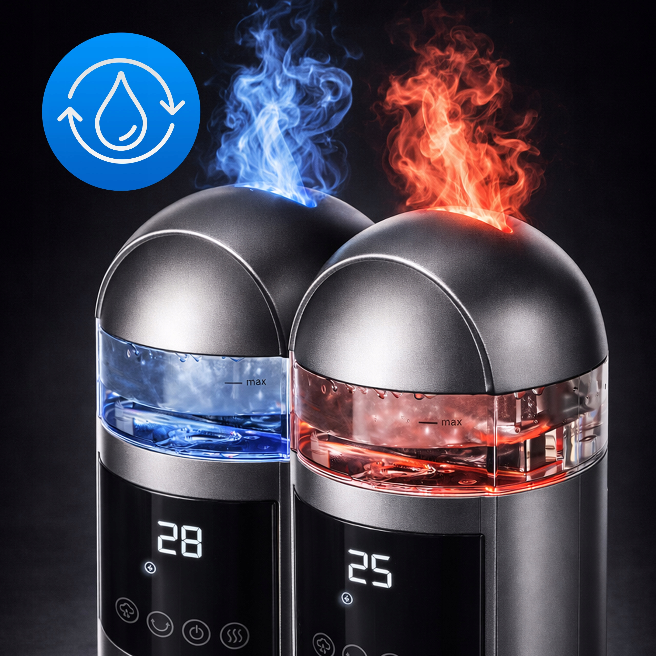 Dwa nawilżacze emitujące niebieską i czerwoną parę na czarnym tle.