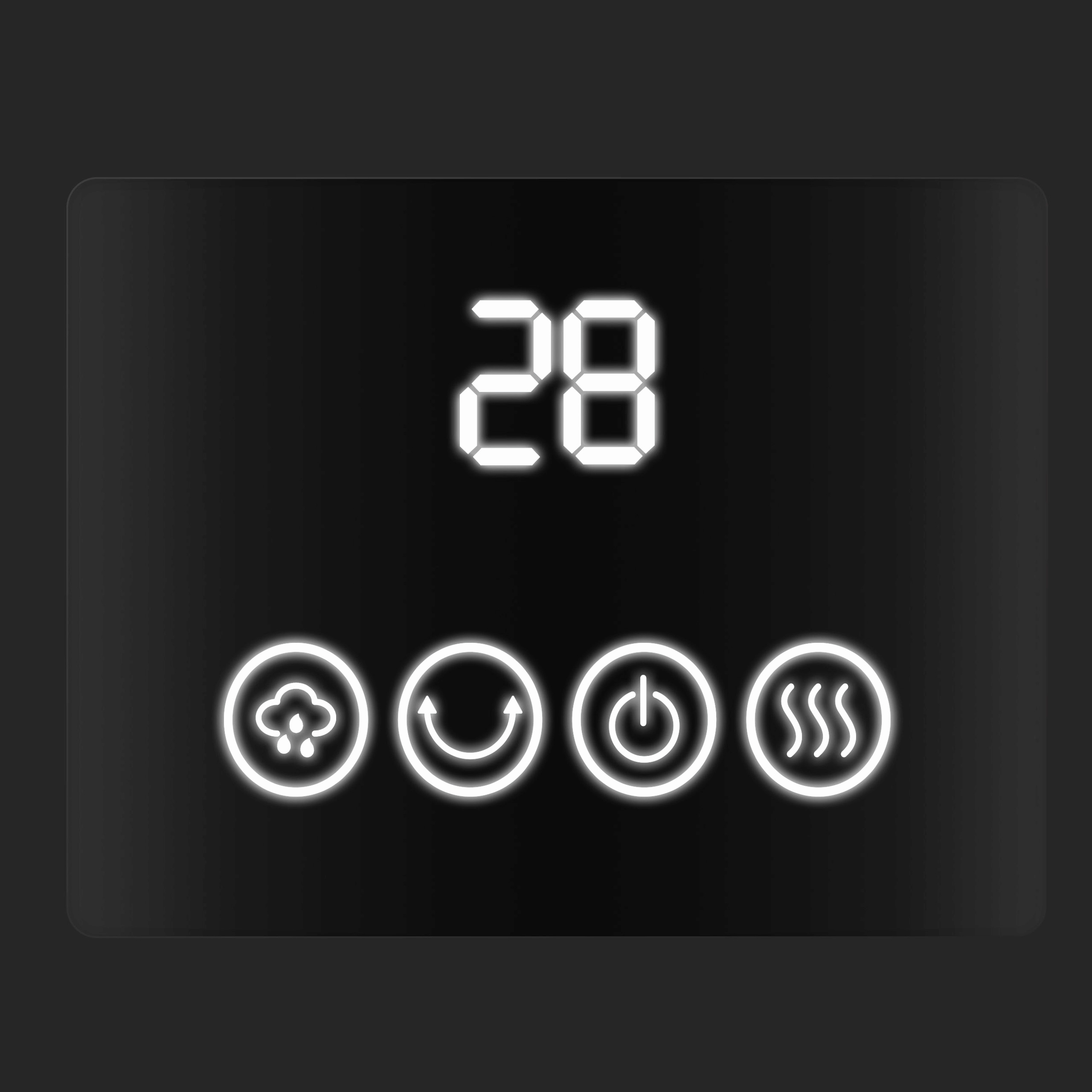 Wyświetlacz pokazuje '28' z ikonami deszczu, uśmiechu, zasilania i ciepła.