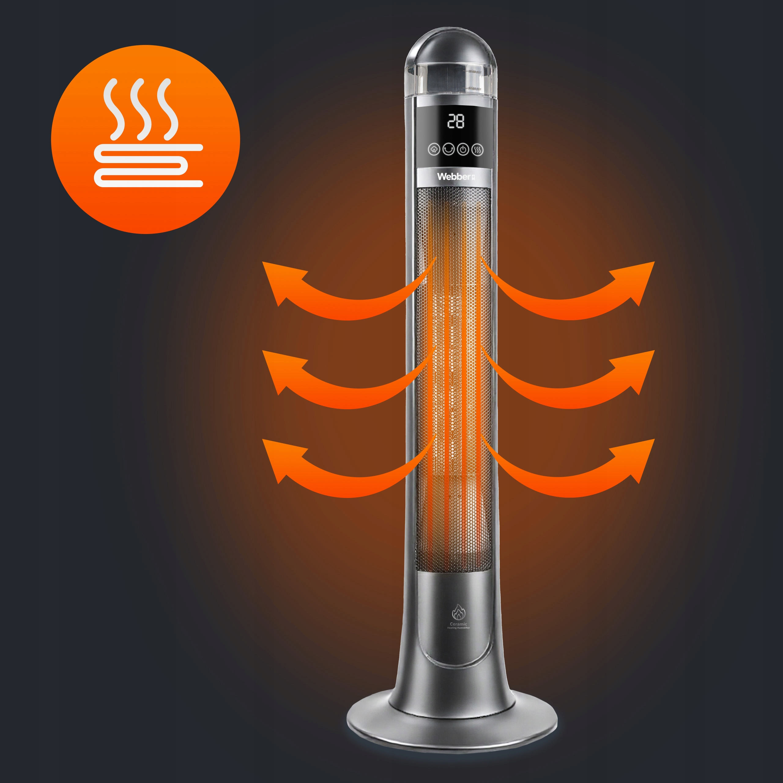 Smukły grzejnik wieżowy z cyfrowym wyświetlaczem i pomarańczowymi strzałkami.