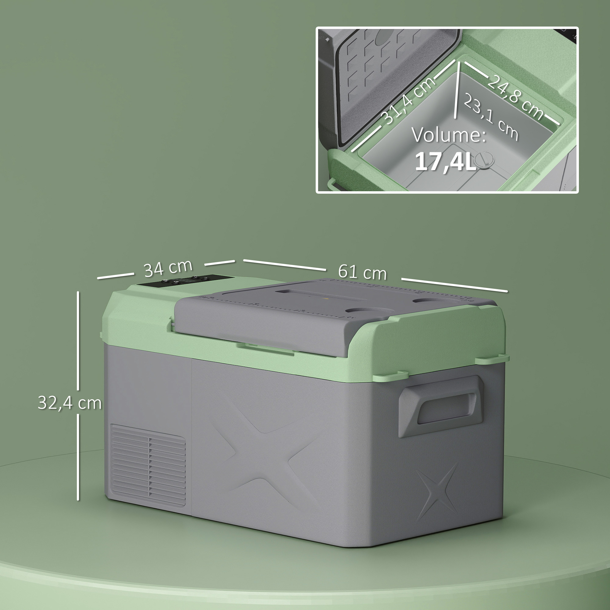 Una nevera gris y verde con dimensiones. Interior 17,4L.