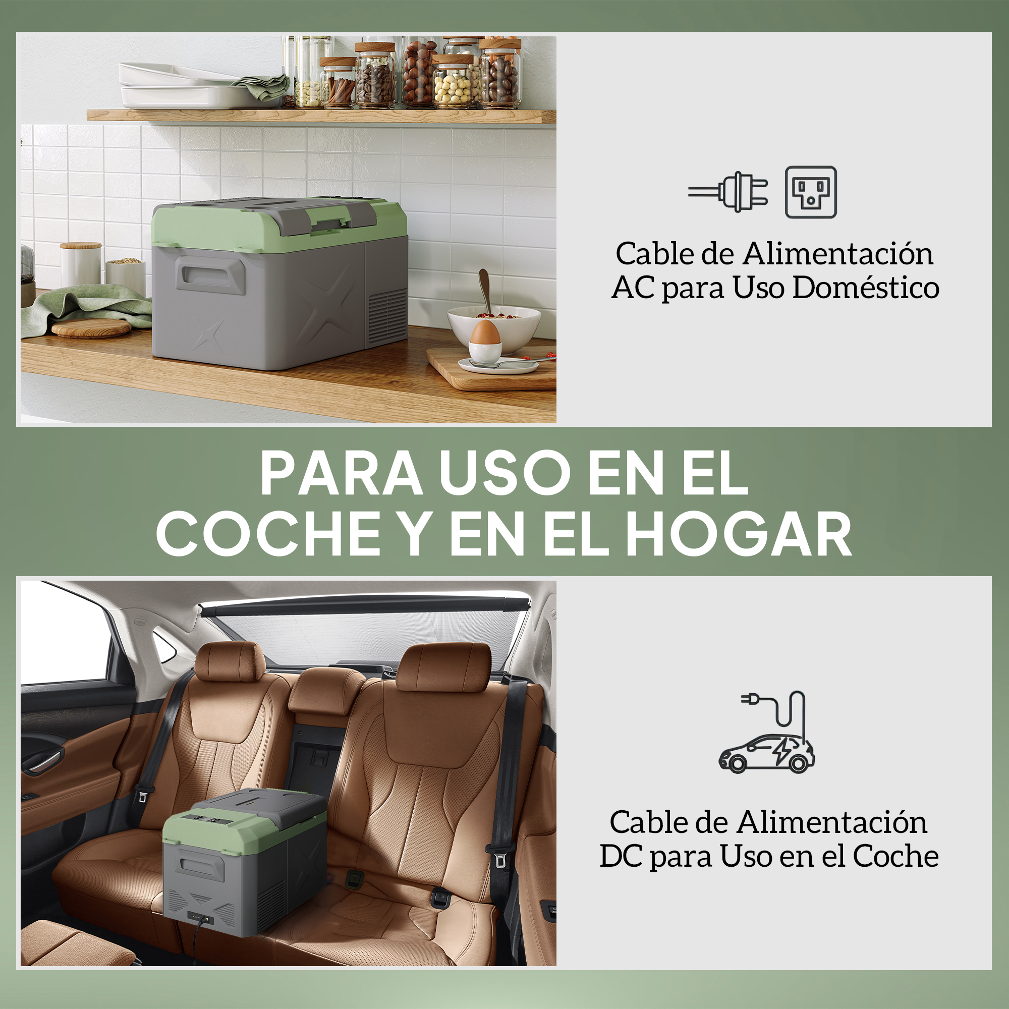Nevera gris y verde sobre mesa de madera y en un coche.