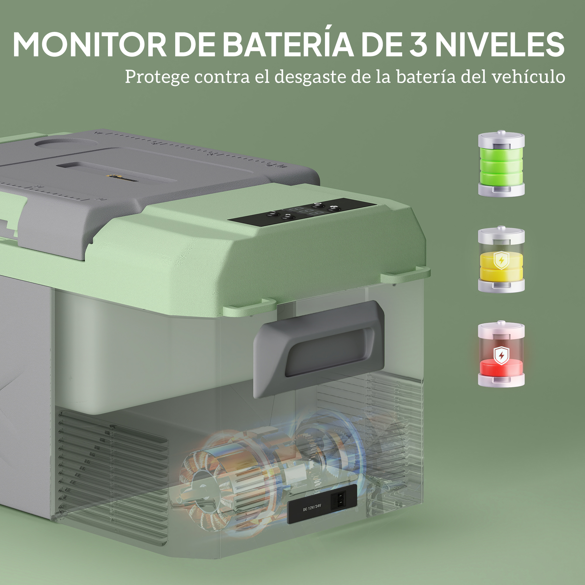 Una nevera con monitor de batería de 3 niveles, ventilador y puertos.