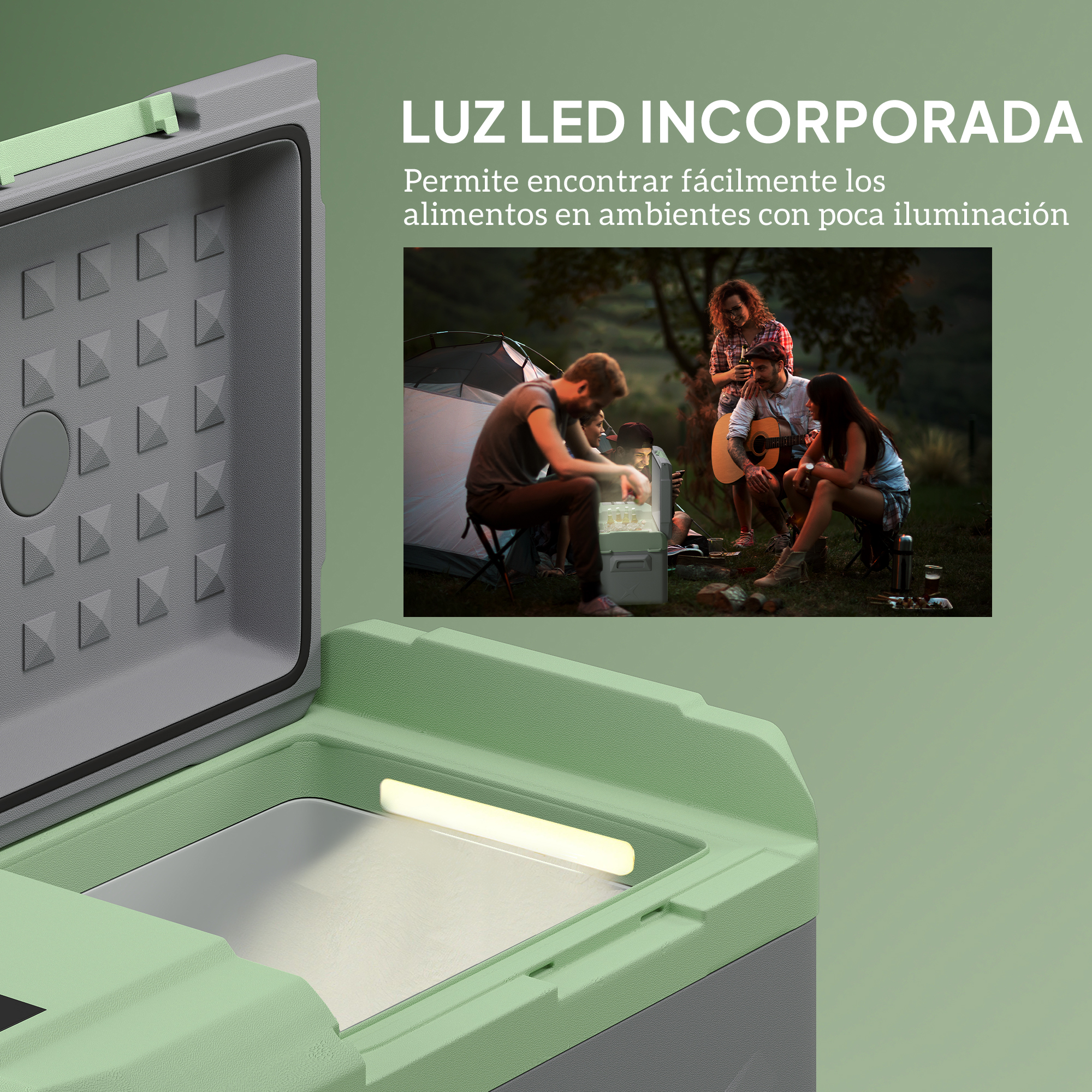 Nevera con luz LED incorporada, gente acampando por la noche.