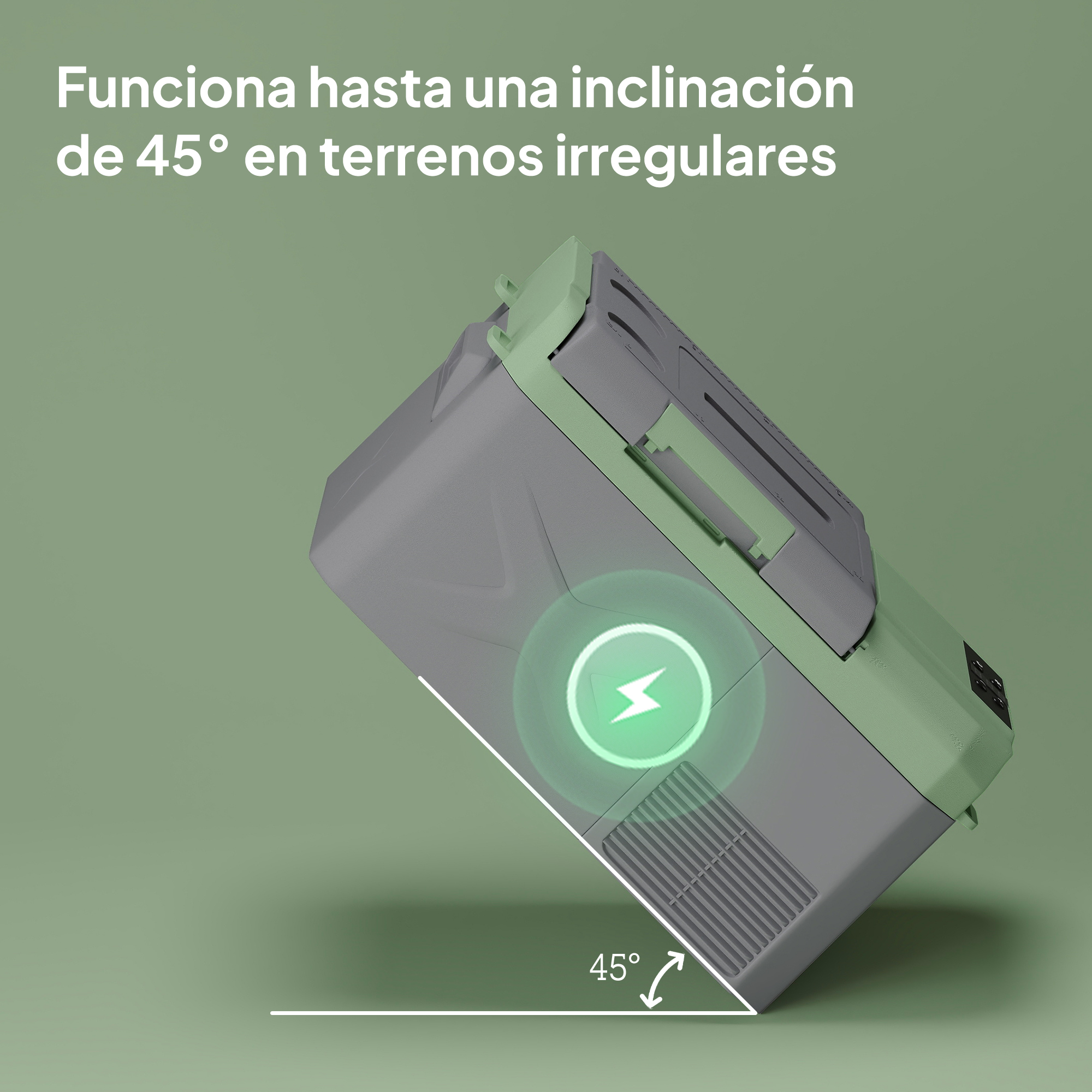 Nevera gris y verde inclinada 45°, funcionando en terreno irregular.