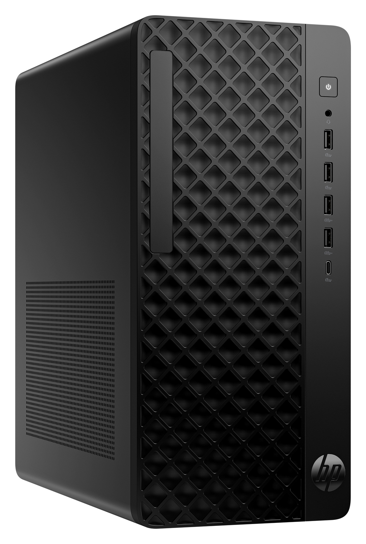 PC desktop HP nero con pannello frontale testurizzato e porte USB.