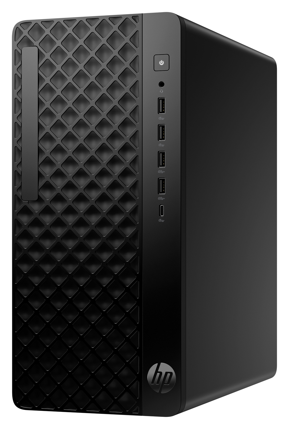 Computer desktop HP nero con frontale a rombi e porte USB.
