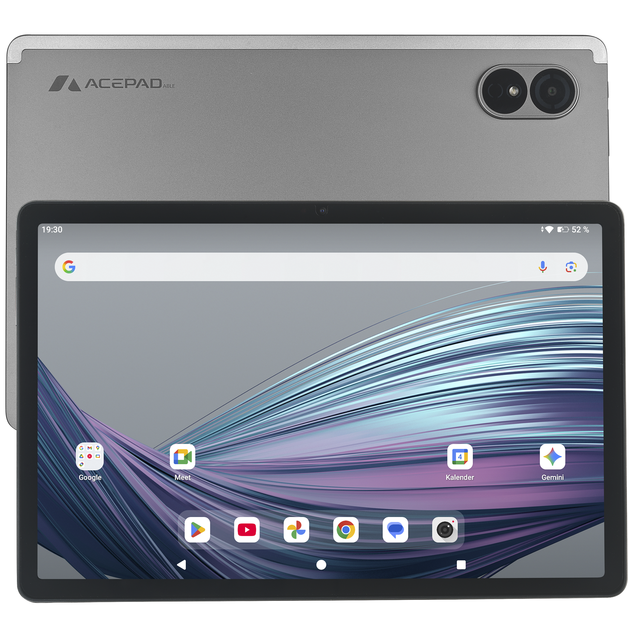 Graues Tablet mit doppeltem Kameramodul und lebendiger Hintergrundgrafik.