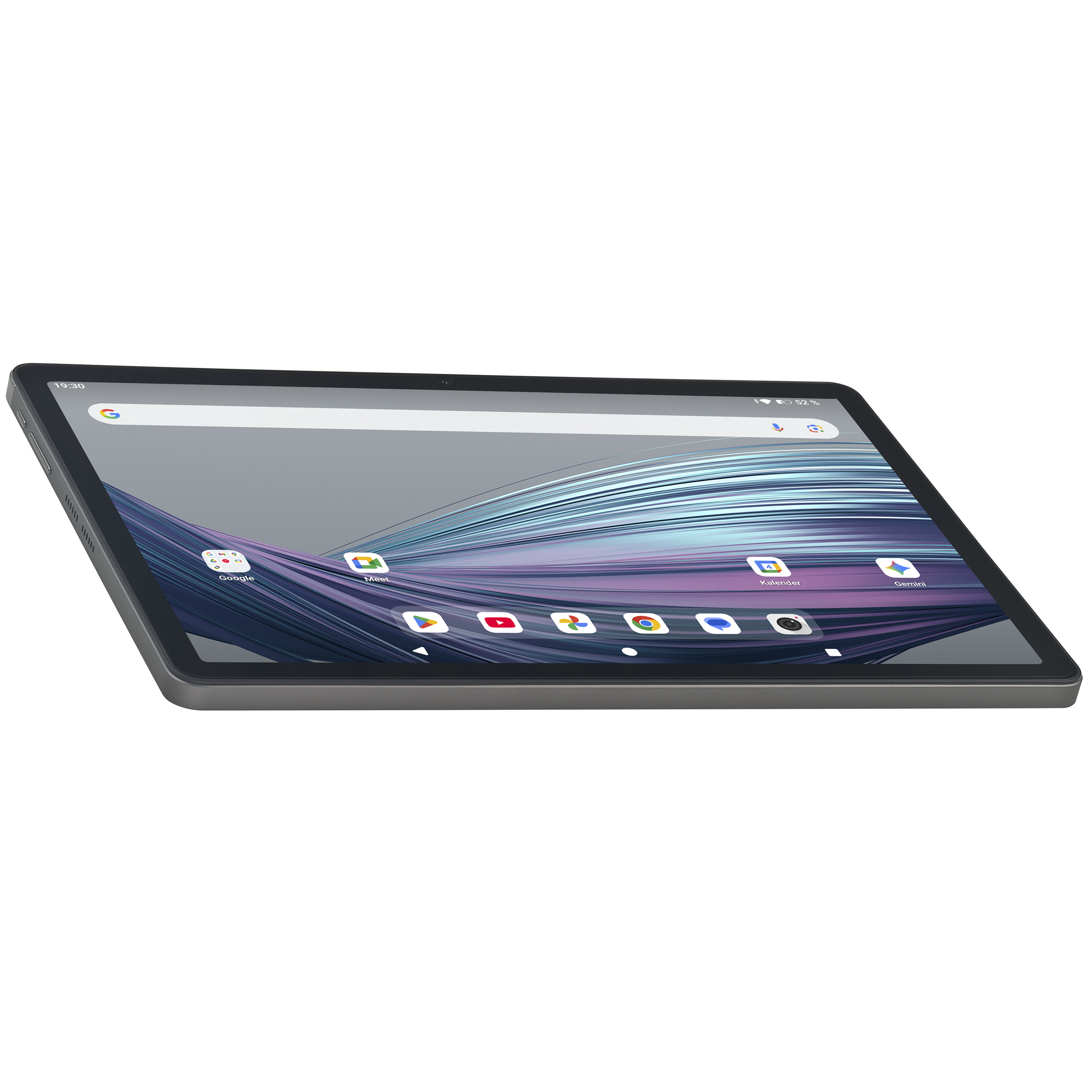 Ein graues Tablet mit einem farbigen Hintergrundbild und App-Symbolen.