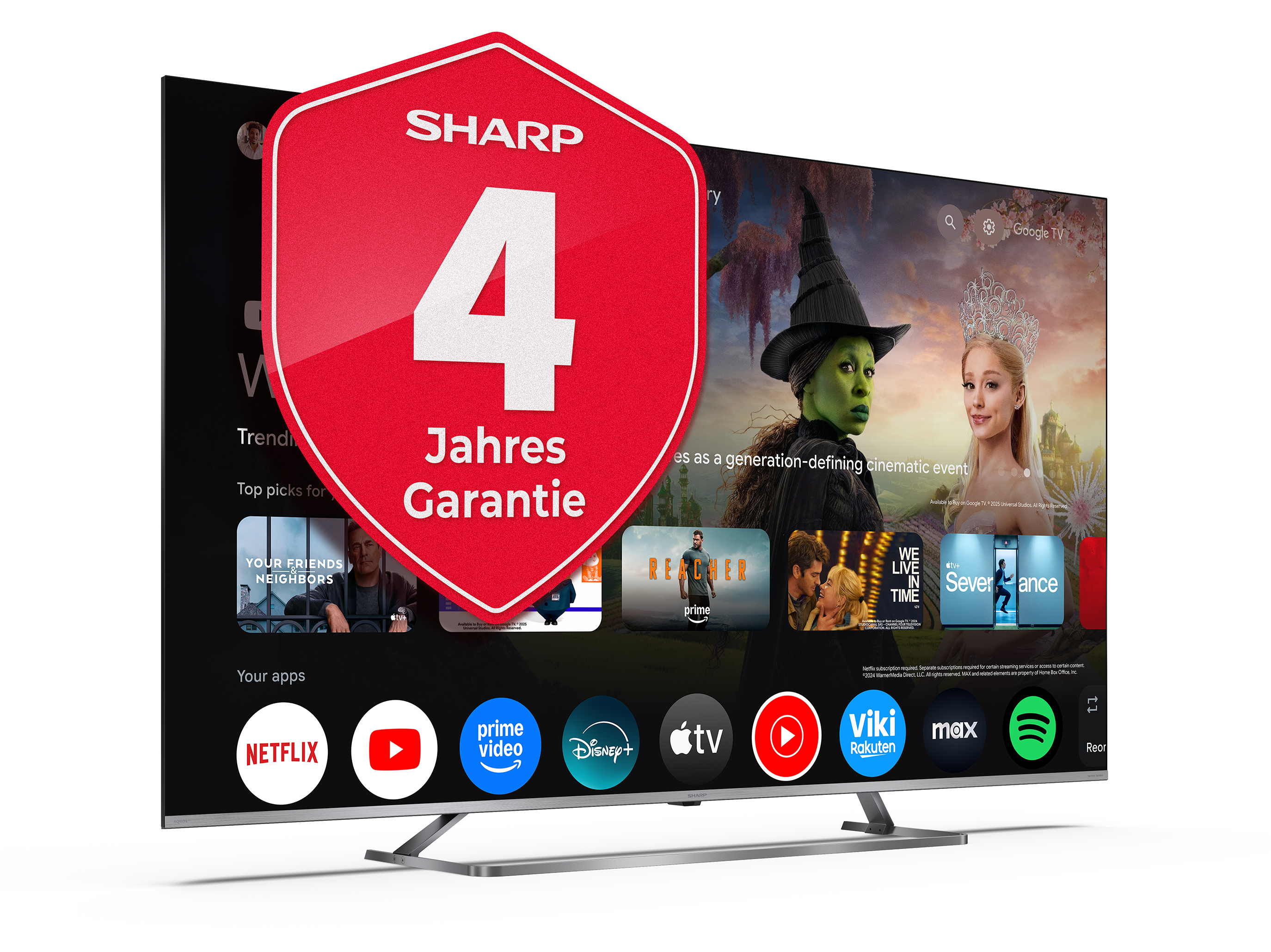 Ein Fernseher mit Google TV-Oberfläche und einem roten Sharp 4 Jahre Garantie-Siegel.
