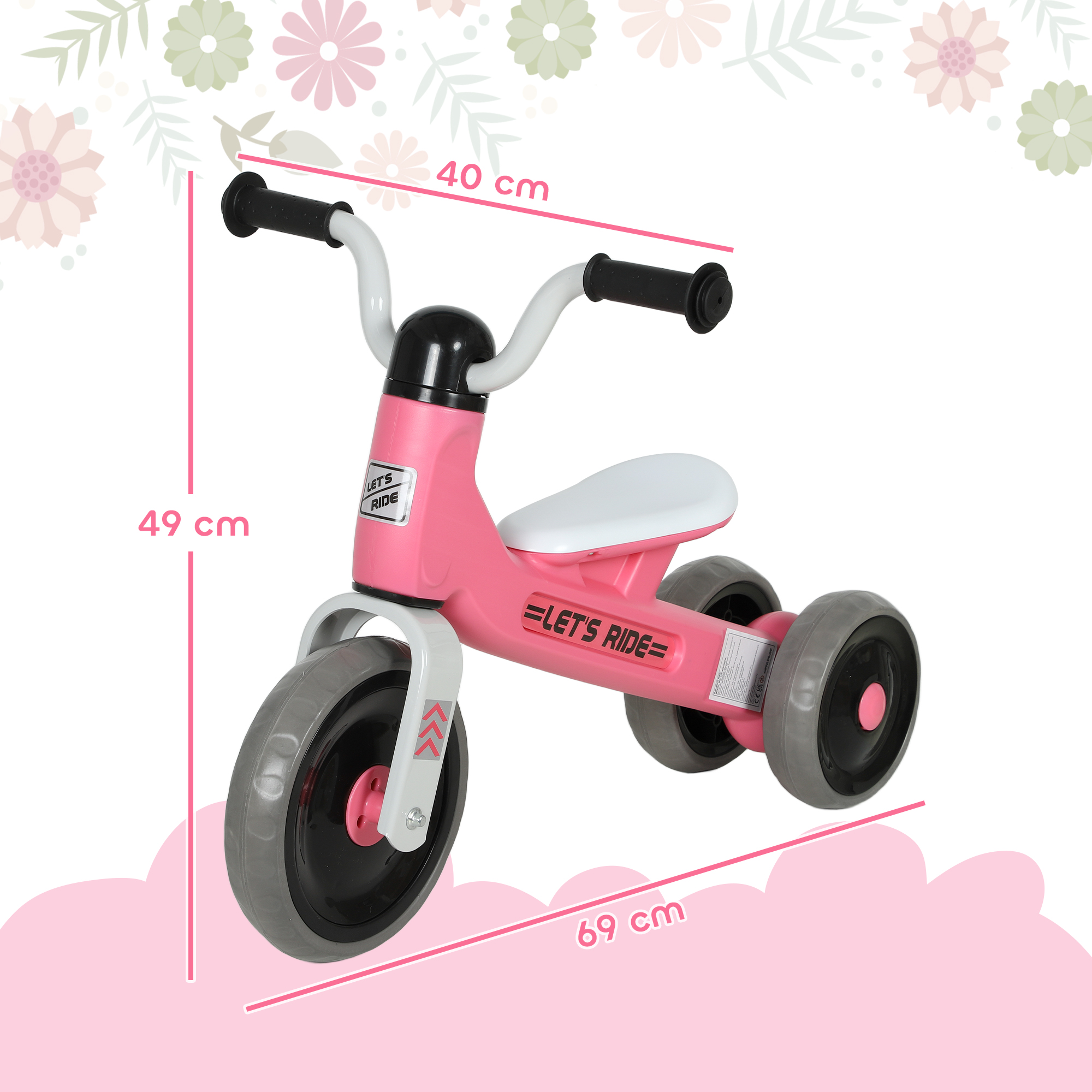 Bicicleta de equilibrio rosa para niños con detalles blancos y grises.