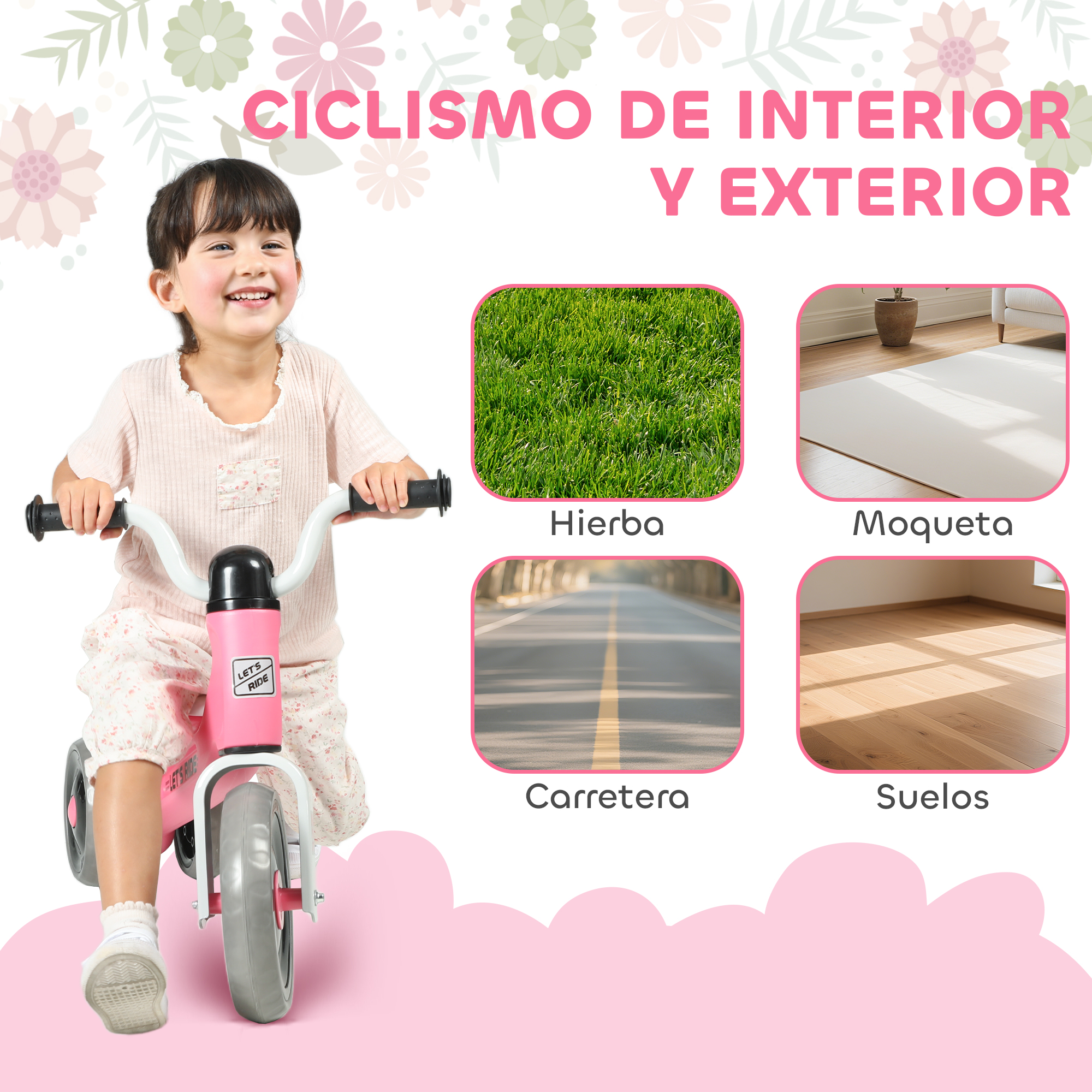 Una niña sonriente se sienta en una bici rosa. Imágenes muestran césped, alfombra, carretera y suelos.