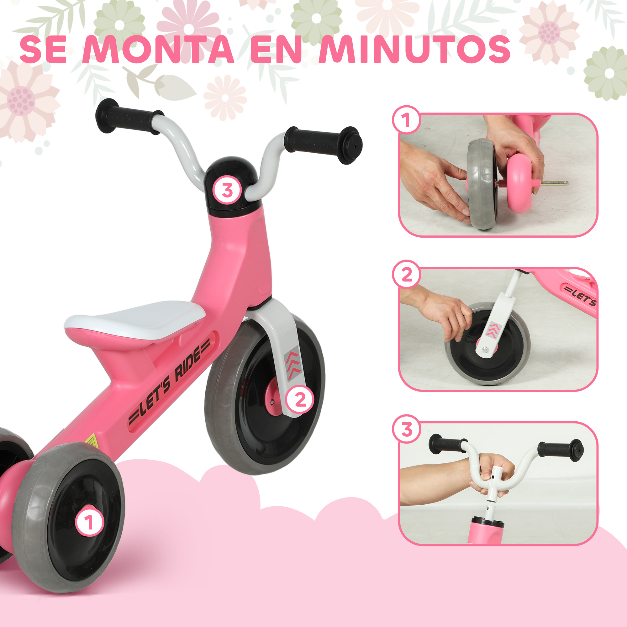 Triciclo rosa con imágenes de instrucciones de montaje.