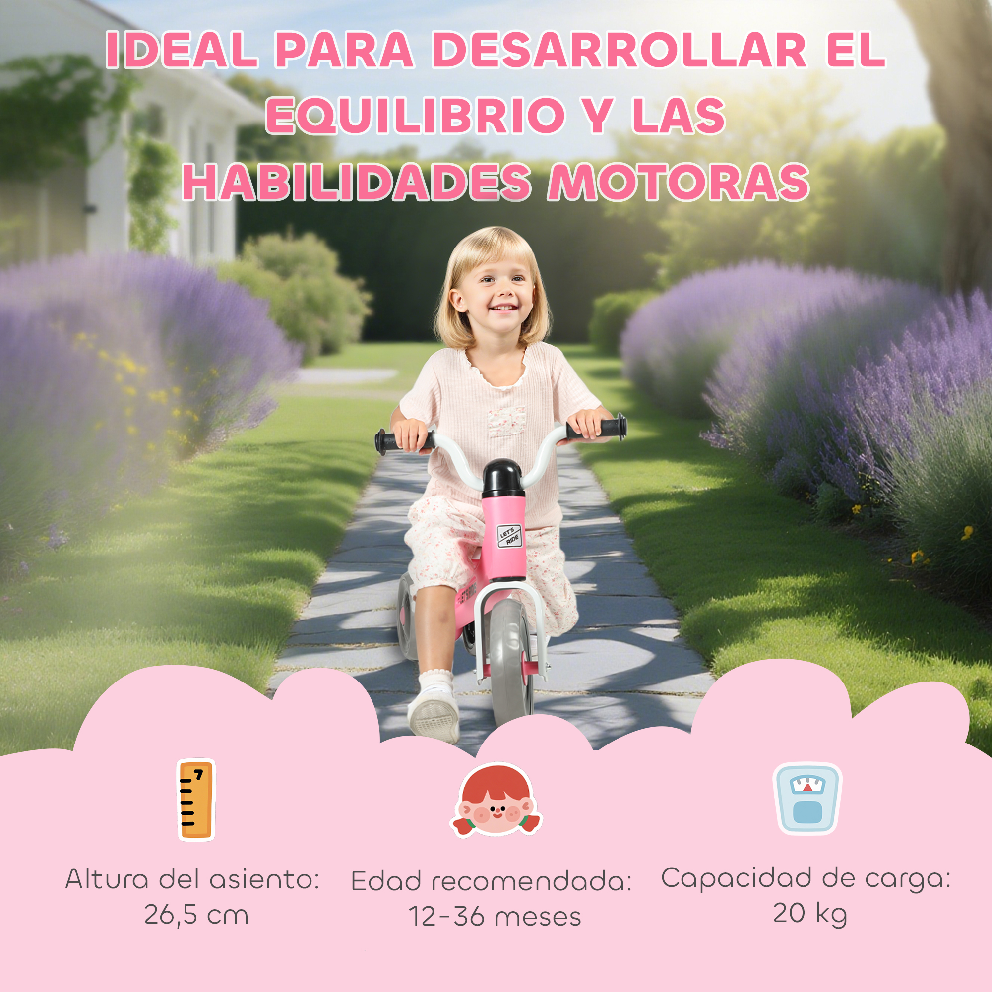 Una niña pequeña monta una bicicleta de equilibrio rosa en el exterior.