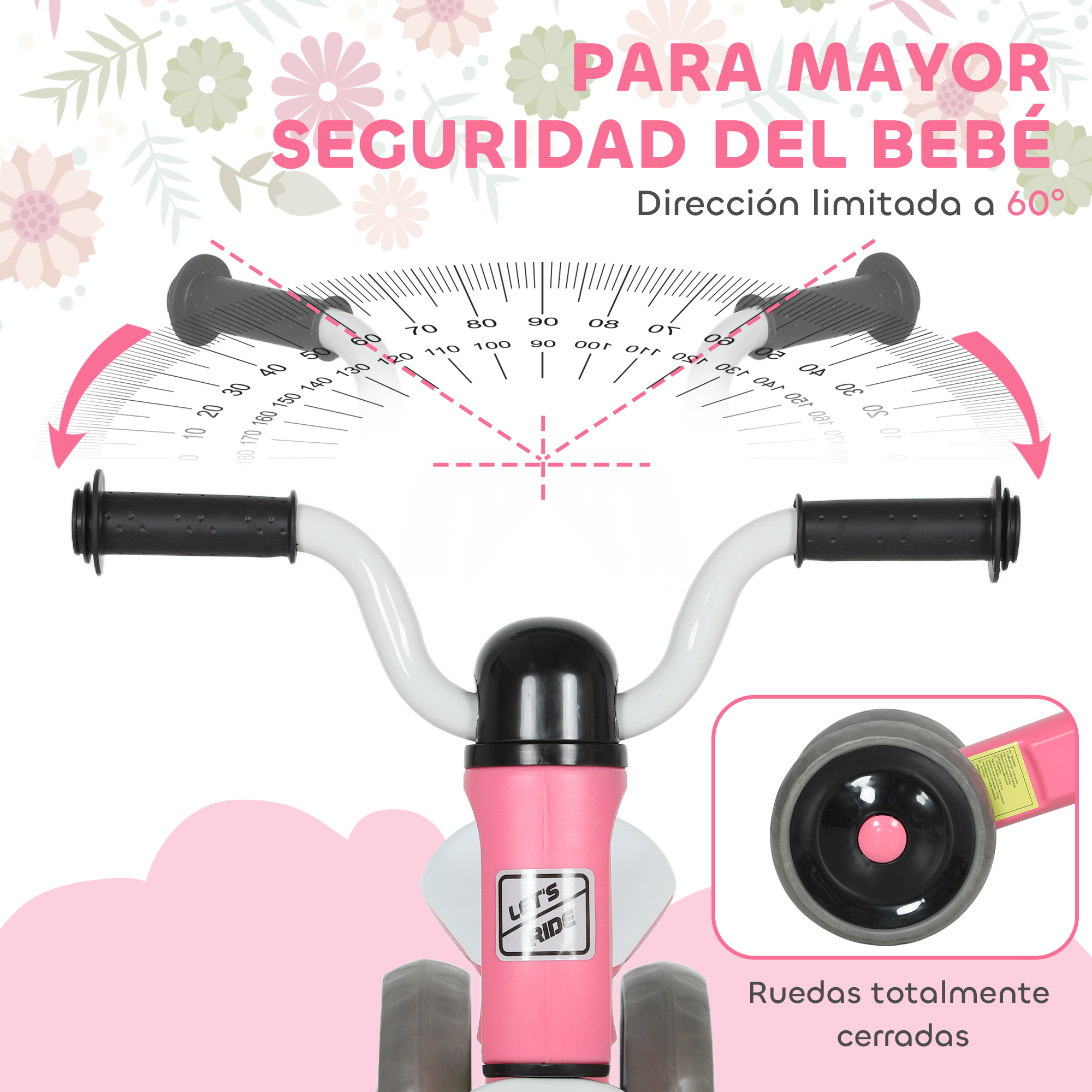 Manillar de triciclo rosa con transportador y texto.