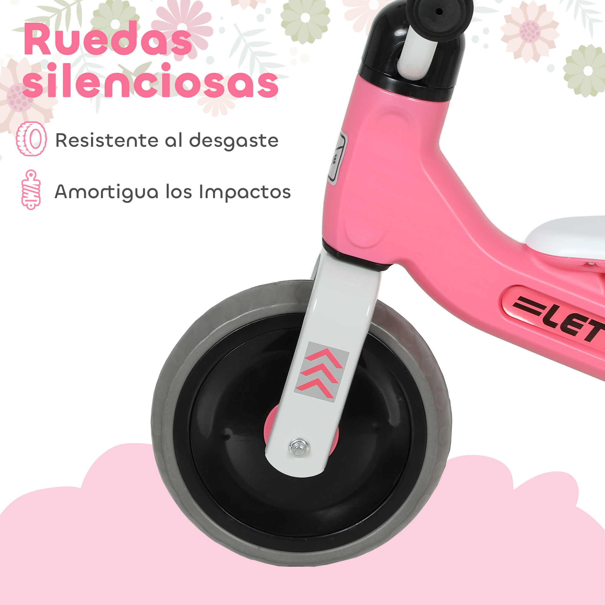 Primer plano de un triciclo rosa, centrado en la rueda y el marco. Texto: Ruedas silenciosas.
