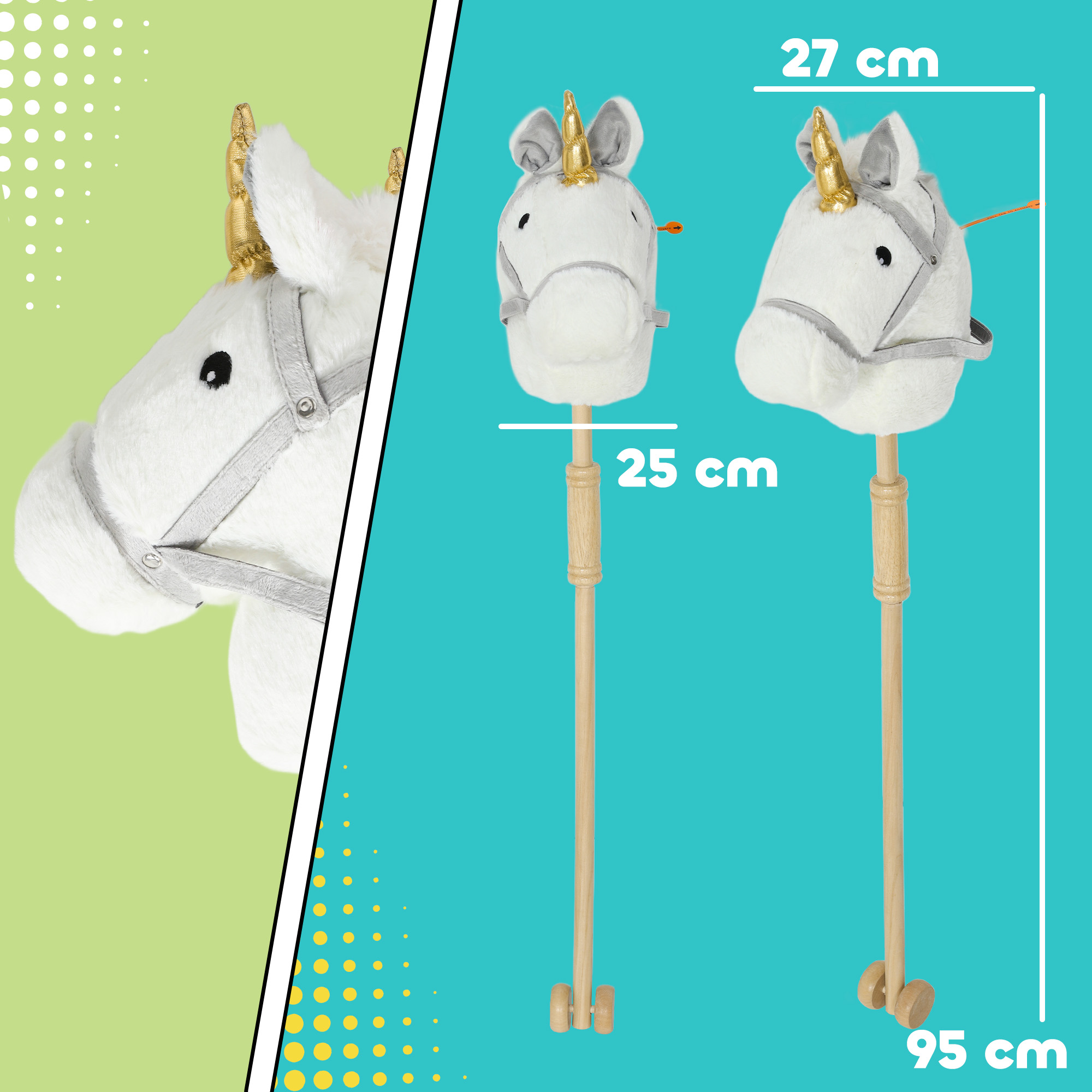 Caballo de peluche con palo de madera, ruedas y crin dorada.
