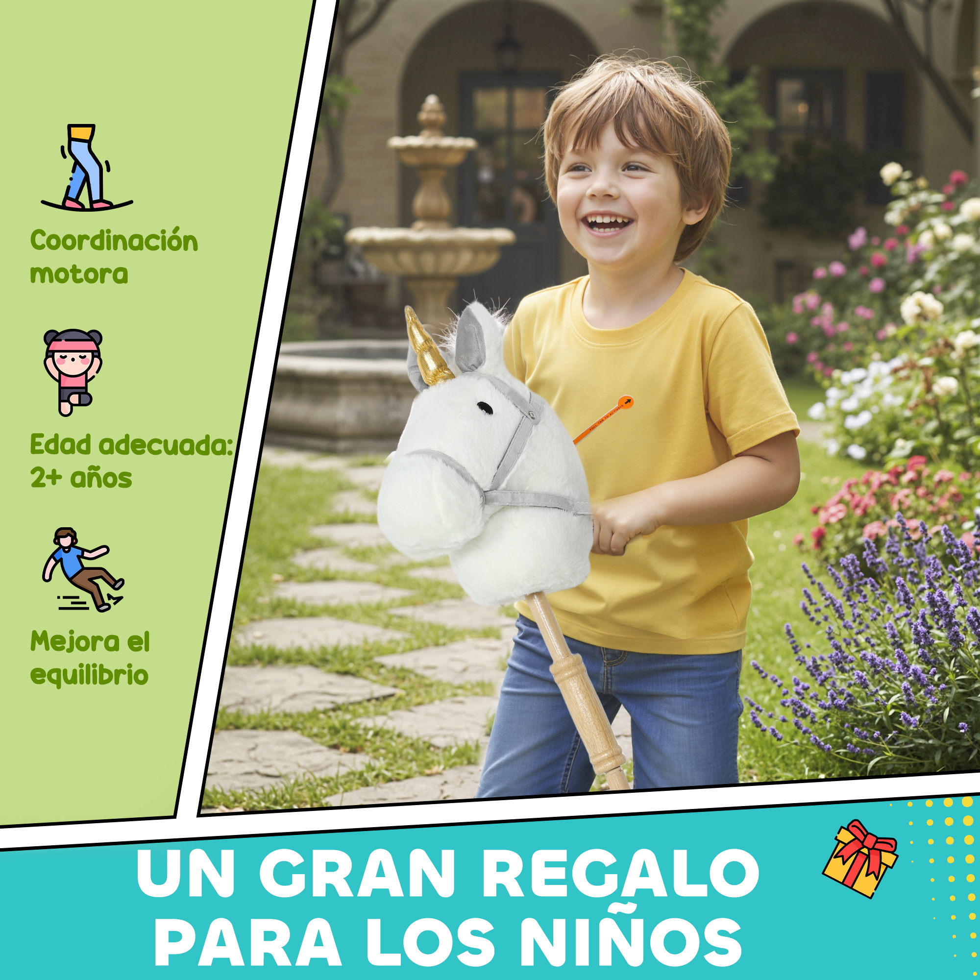Un niño sonriente con camiseta amarilla sostiene un unicornio de palo en un jardín.