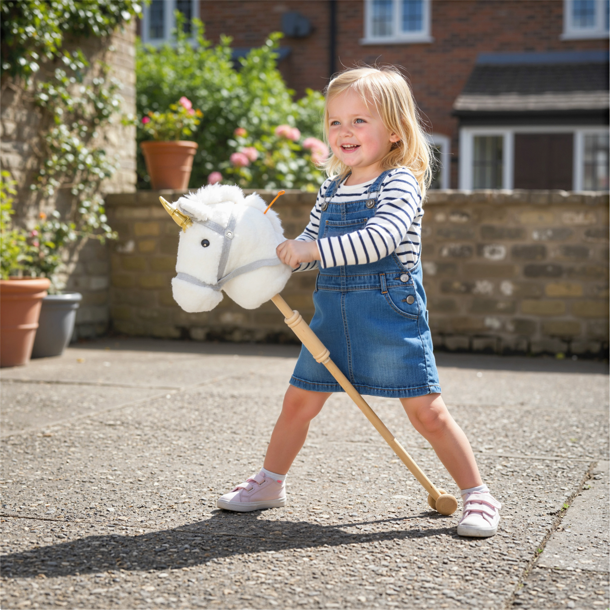 Una niña de pelo rubio monta un caballito de unicornio blanco al aire libre.