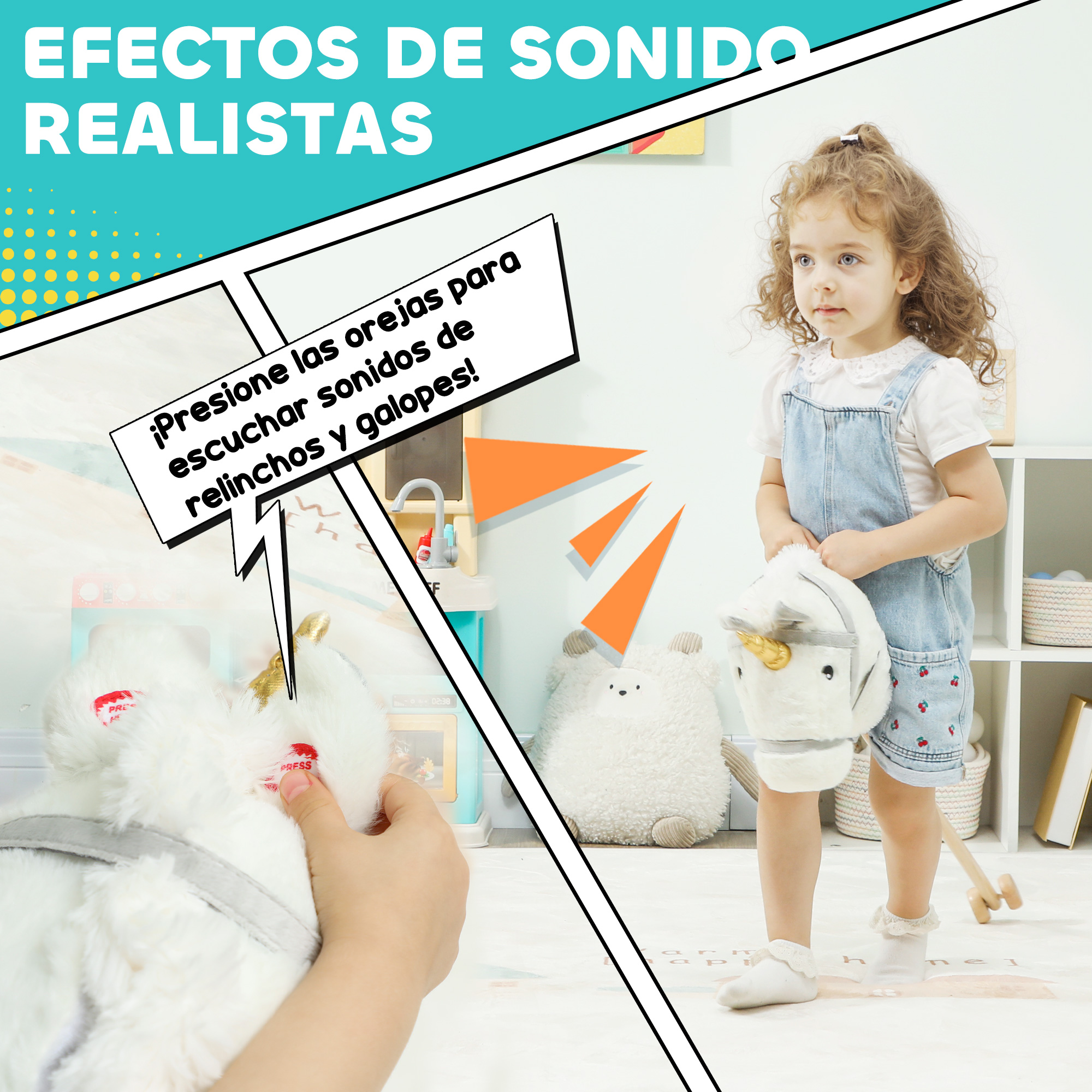Una niña con peto vaquero sostiene un caballo de juguete blanco. Texto: 'Efectos de sonido'.