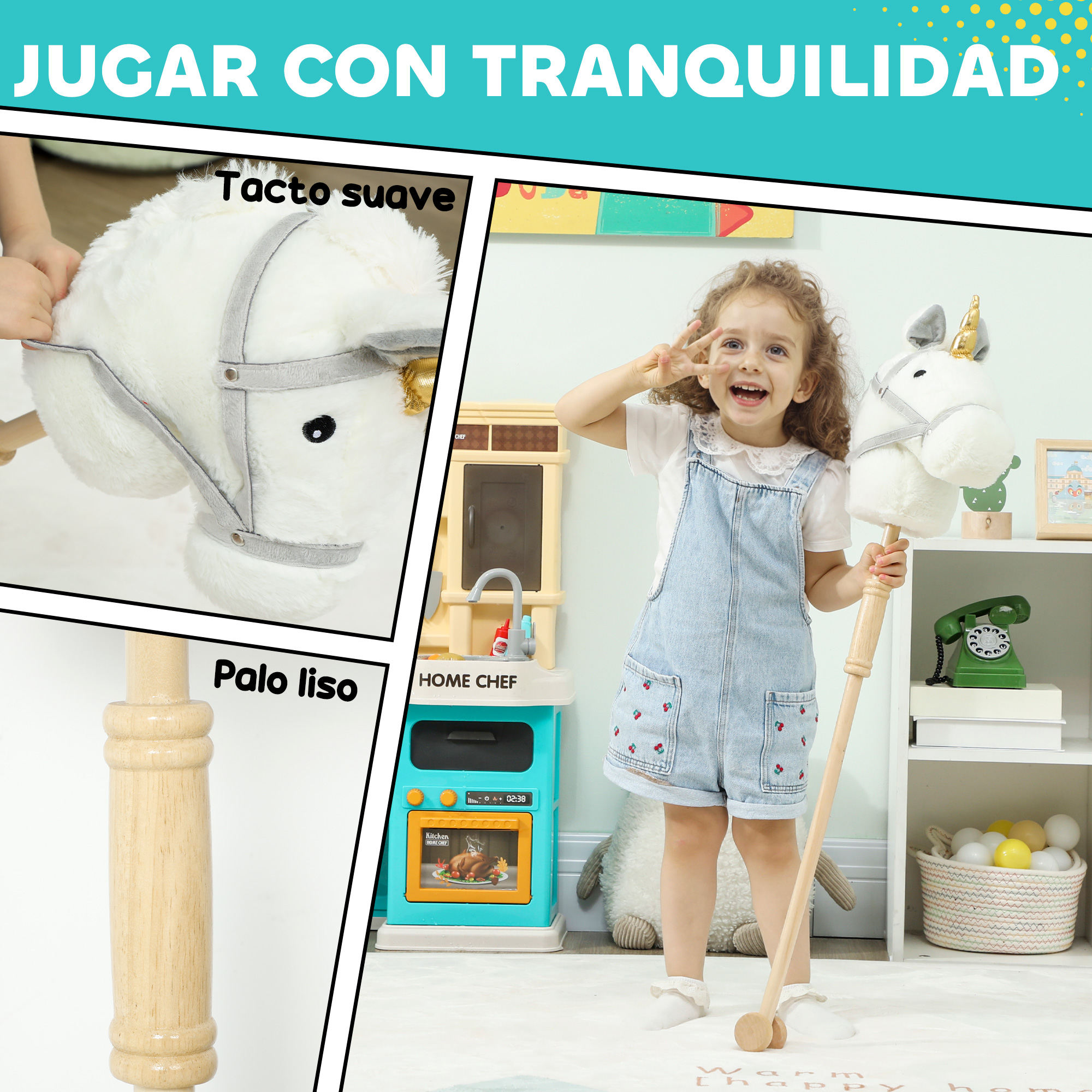 Una niña con un caballo de juguete y una cocinita.