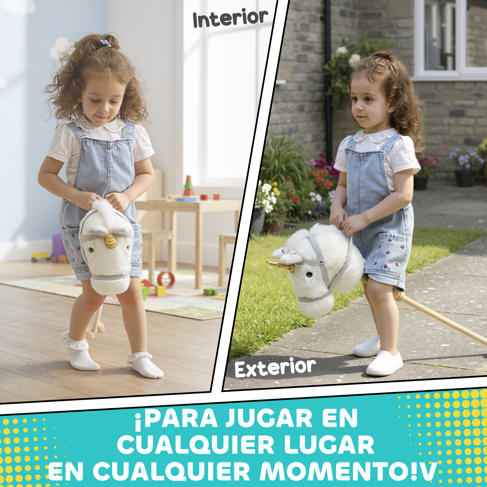 Una niña juega adentro con una cabeza de caballo de juguete y afuera con un caballito.
