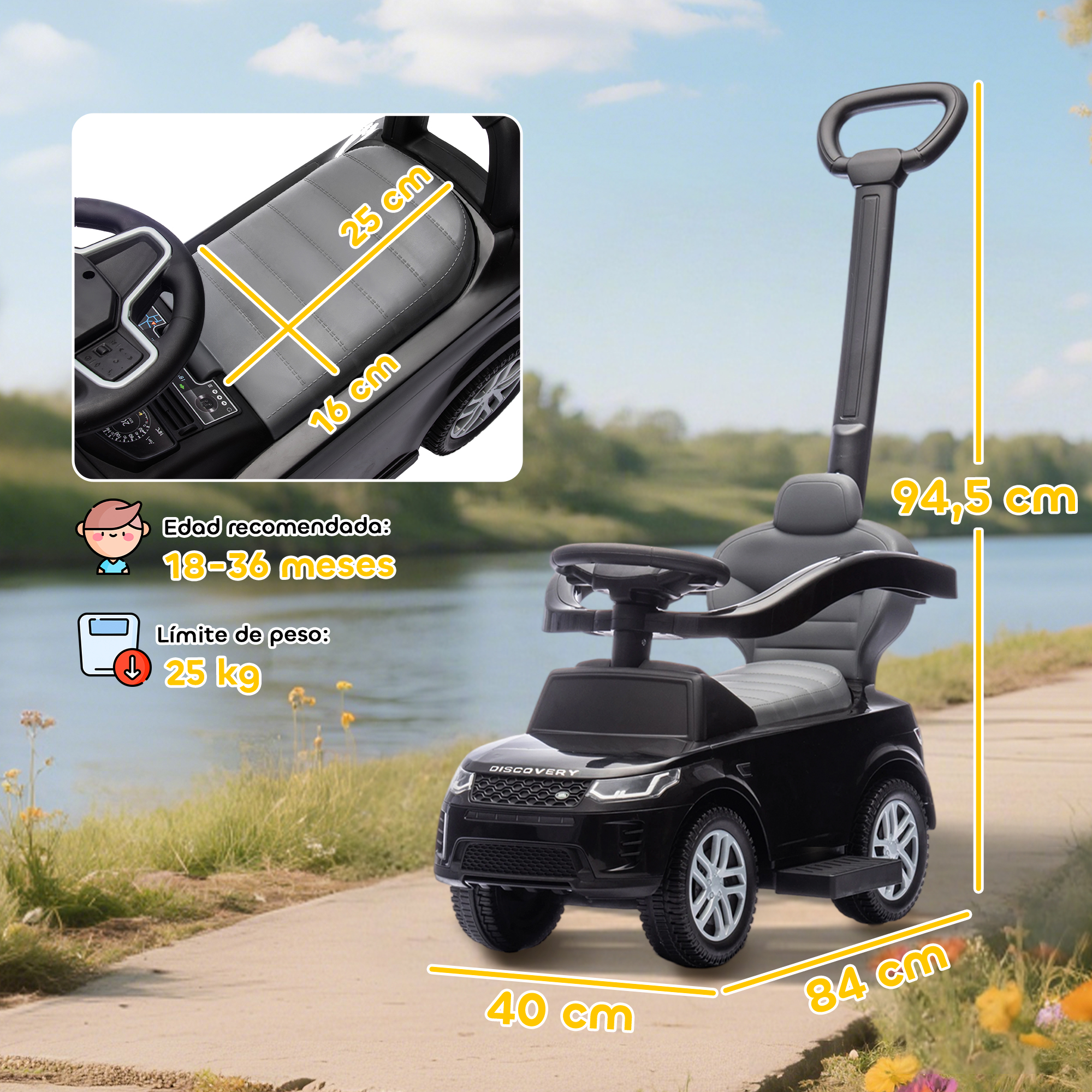 Un SUV de juguete negro con barra de empuje y dimensiones.