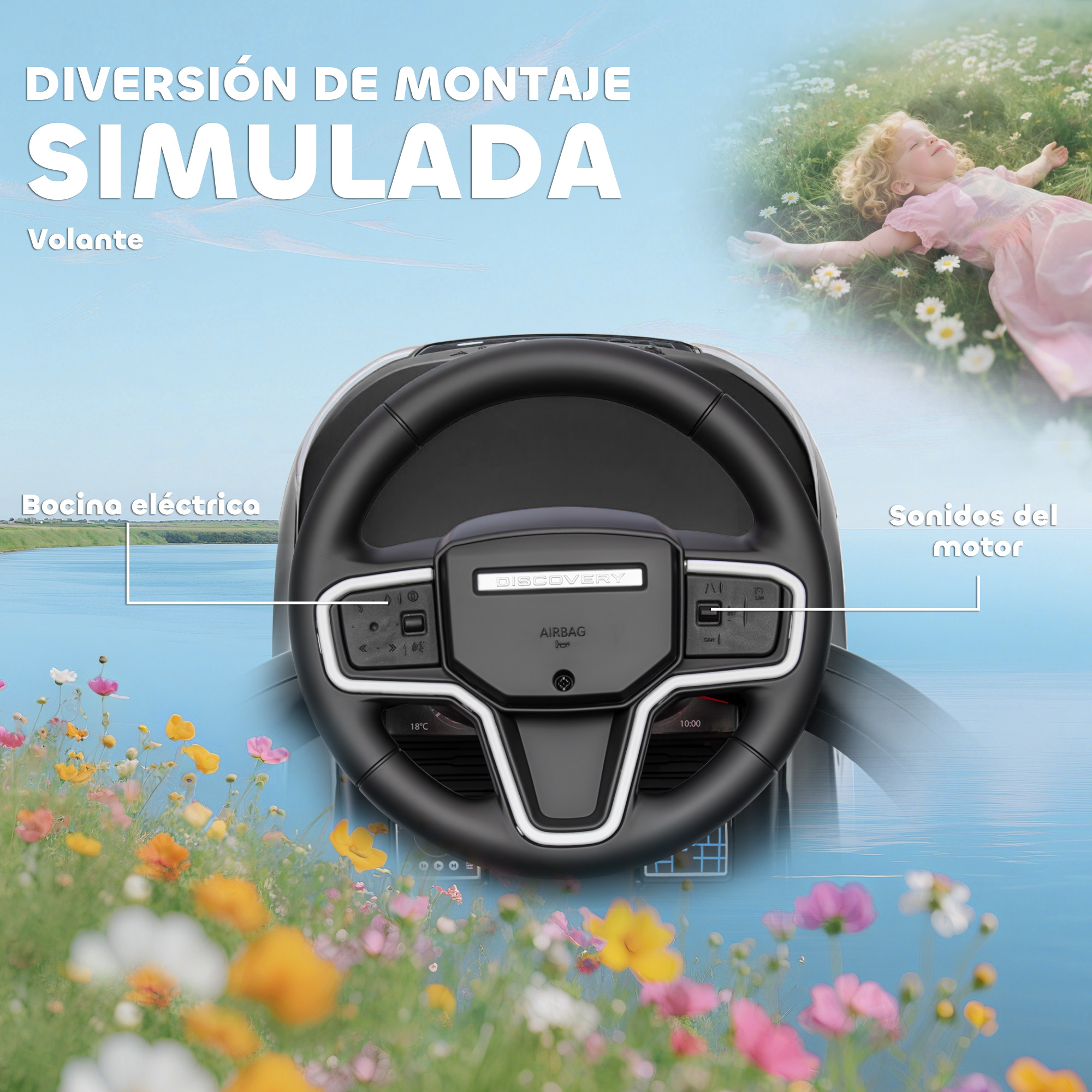 Un volante con flores y una niña en la hierba. "Diversión de montaje simulada".
