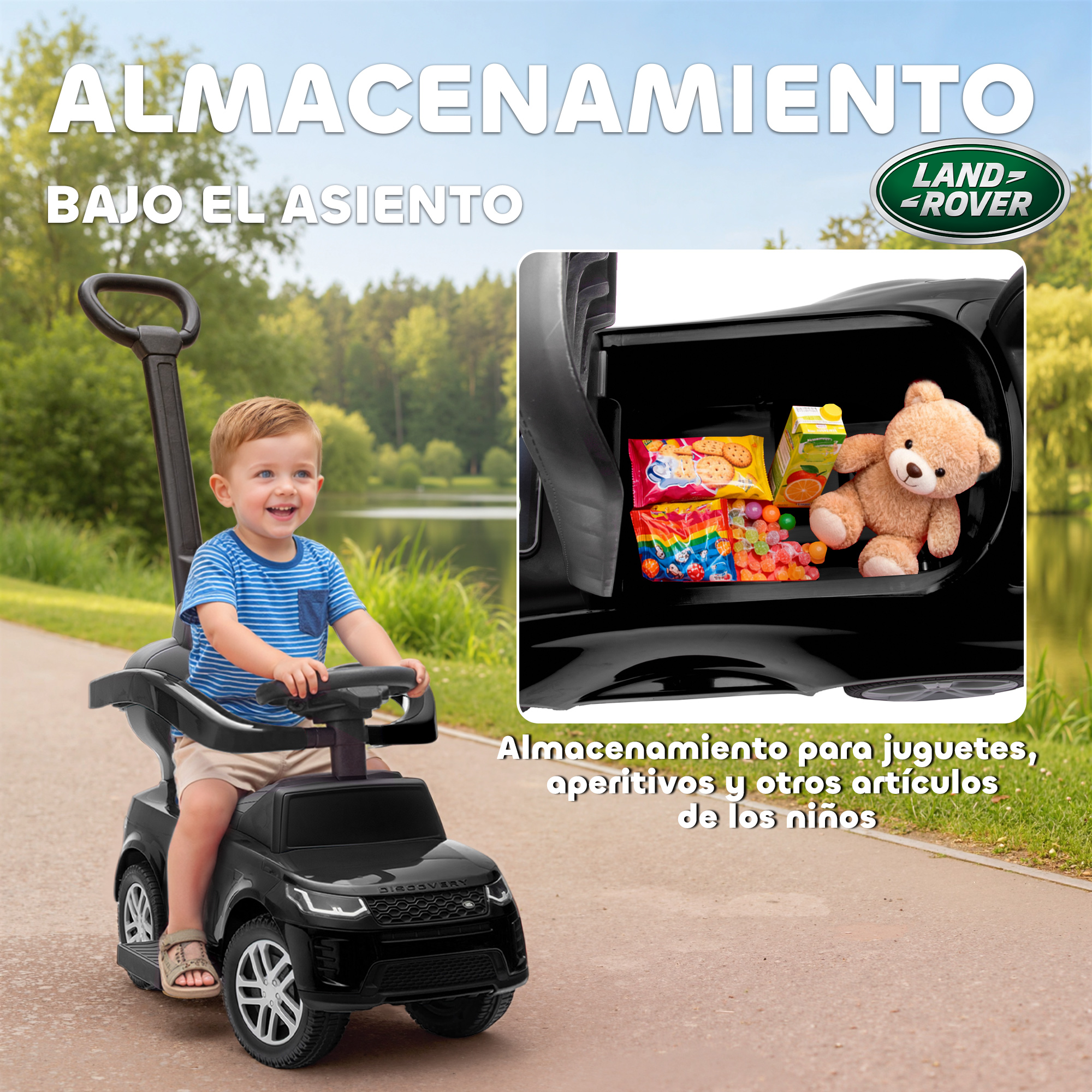 Un niño en un coche de juguete negro junto a un lago. Un oso de peluche guardado en el coche.