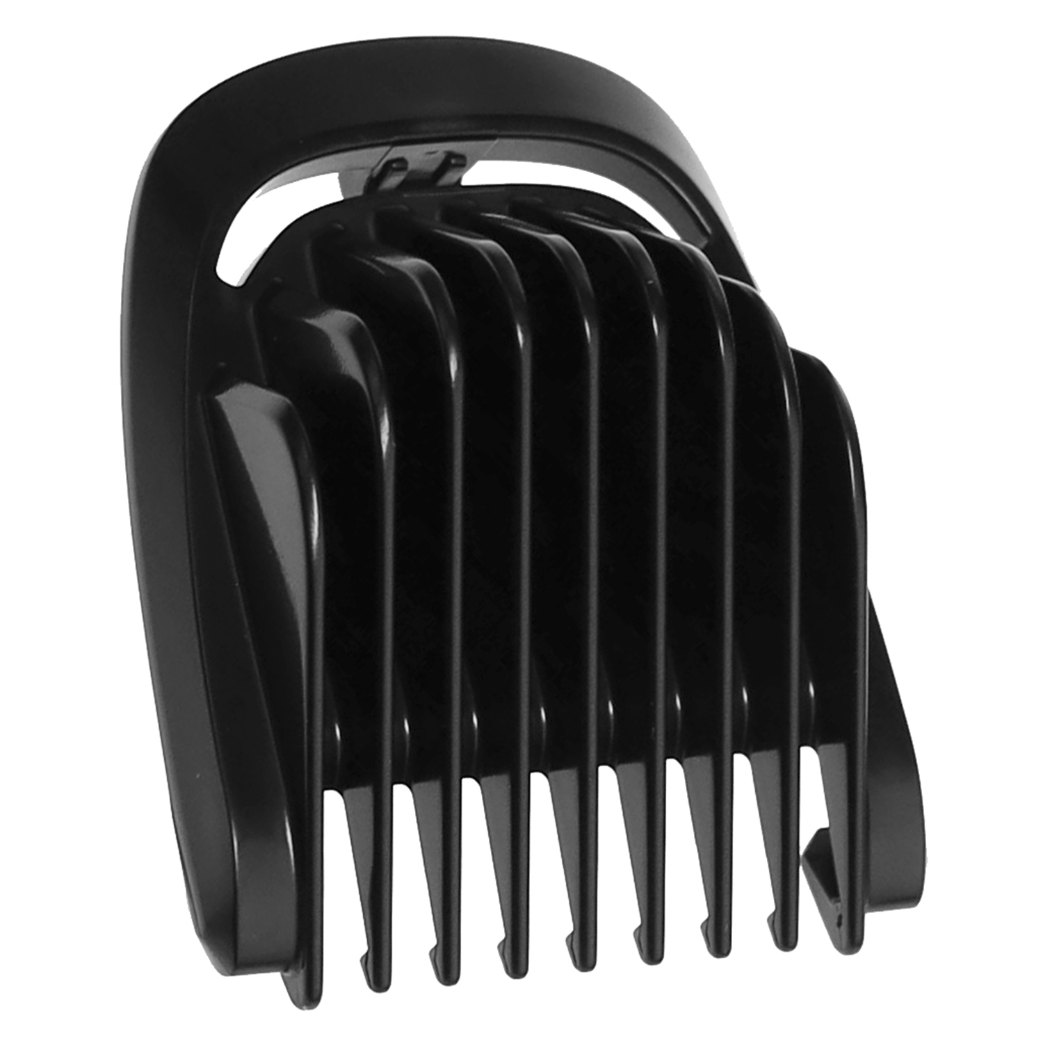 Ein schwarzer Aufsatz für einen Haarschneider mit mehreren Zinken.
