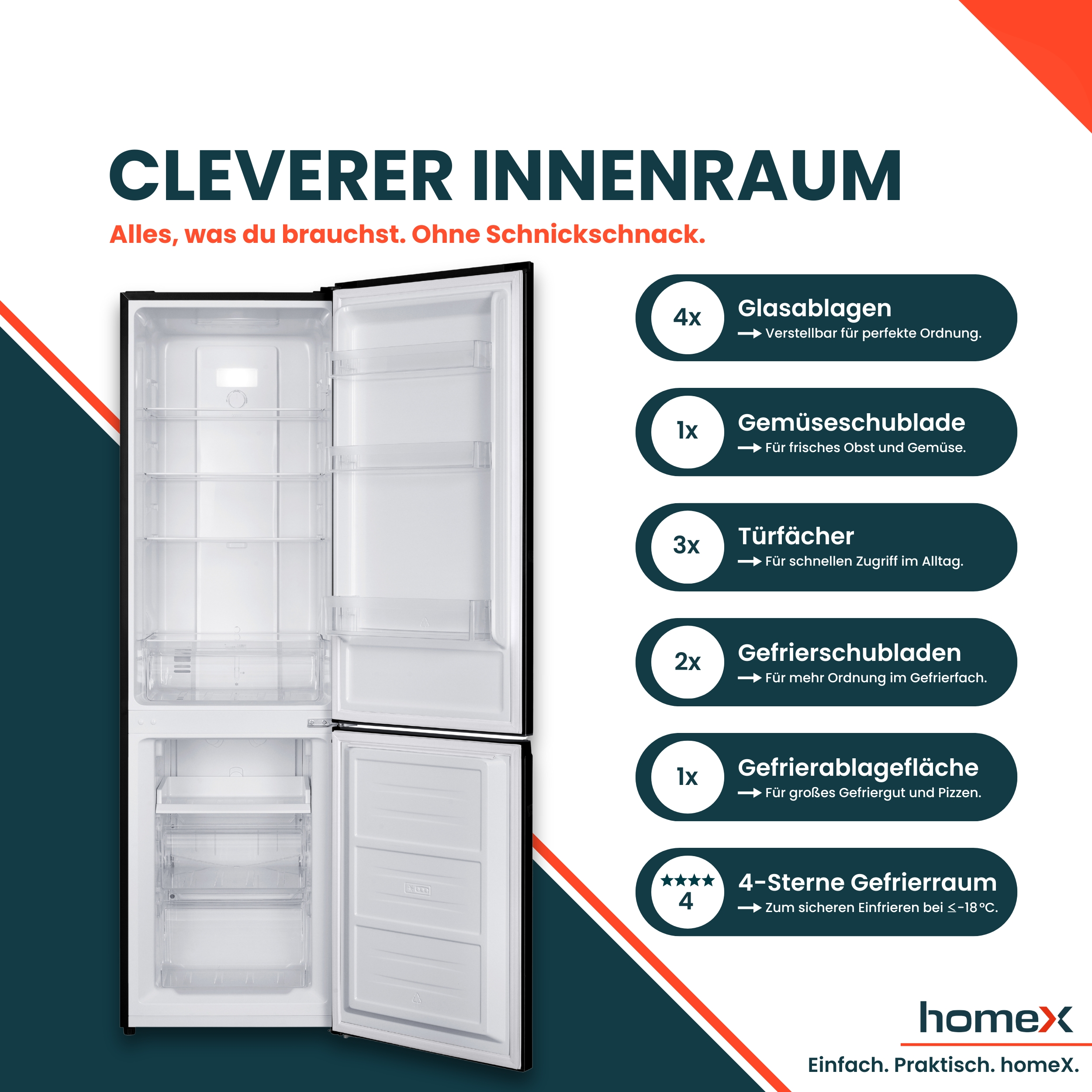 Ein leerer Kühlschrank mit Glasablagen, Gemüseschublade, Türfächern.