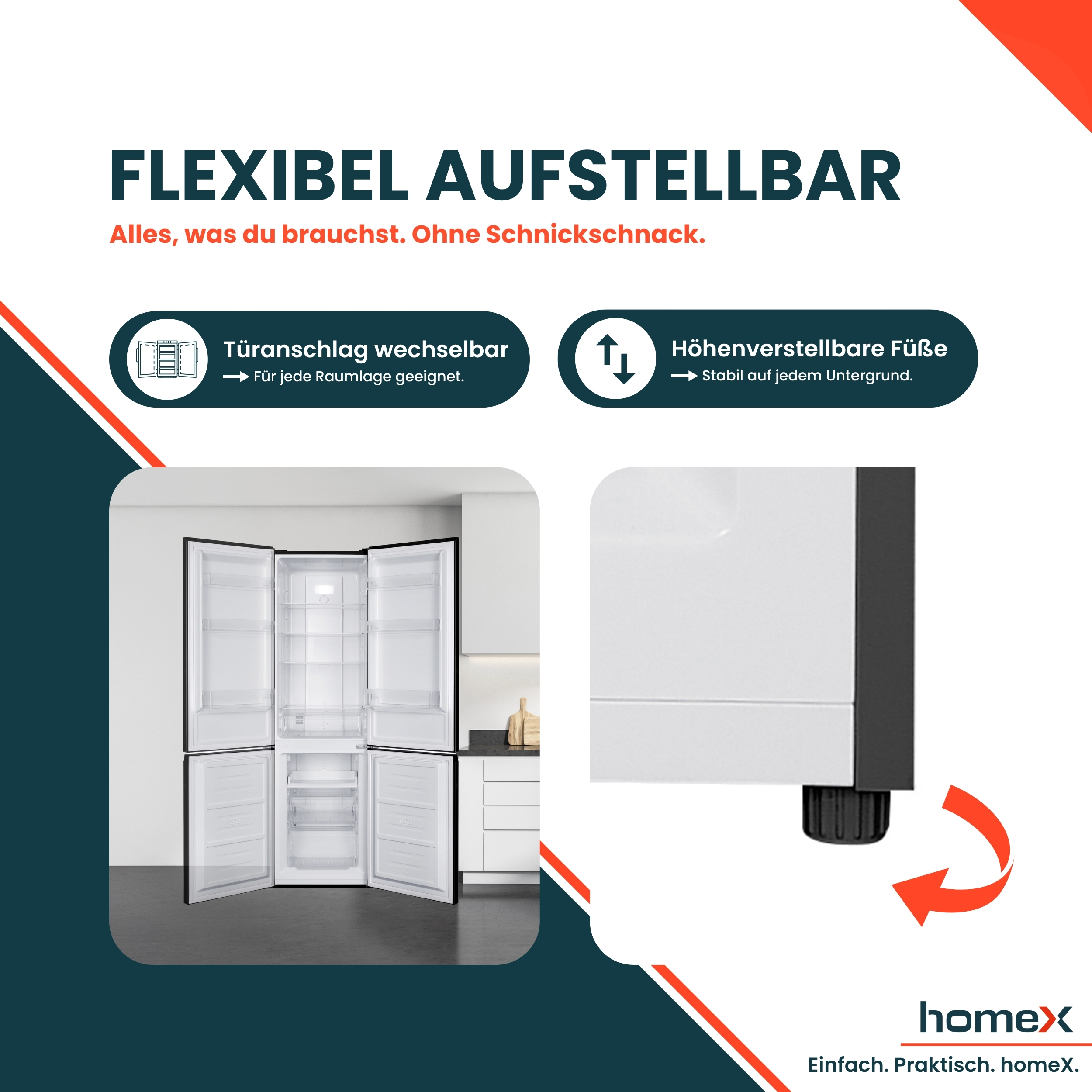 Ein Kühlschrank mit flexiblen Türen und höhenverstellbaren Füßen.