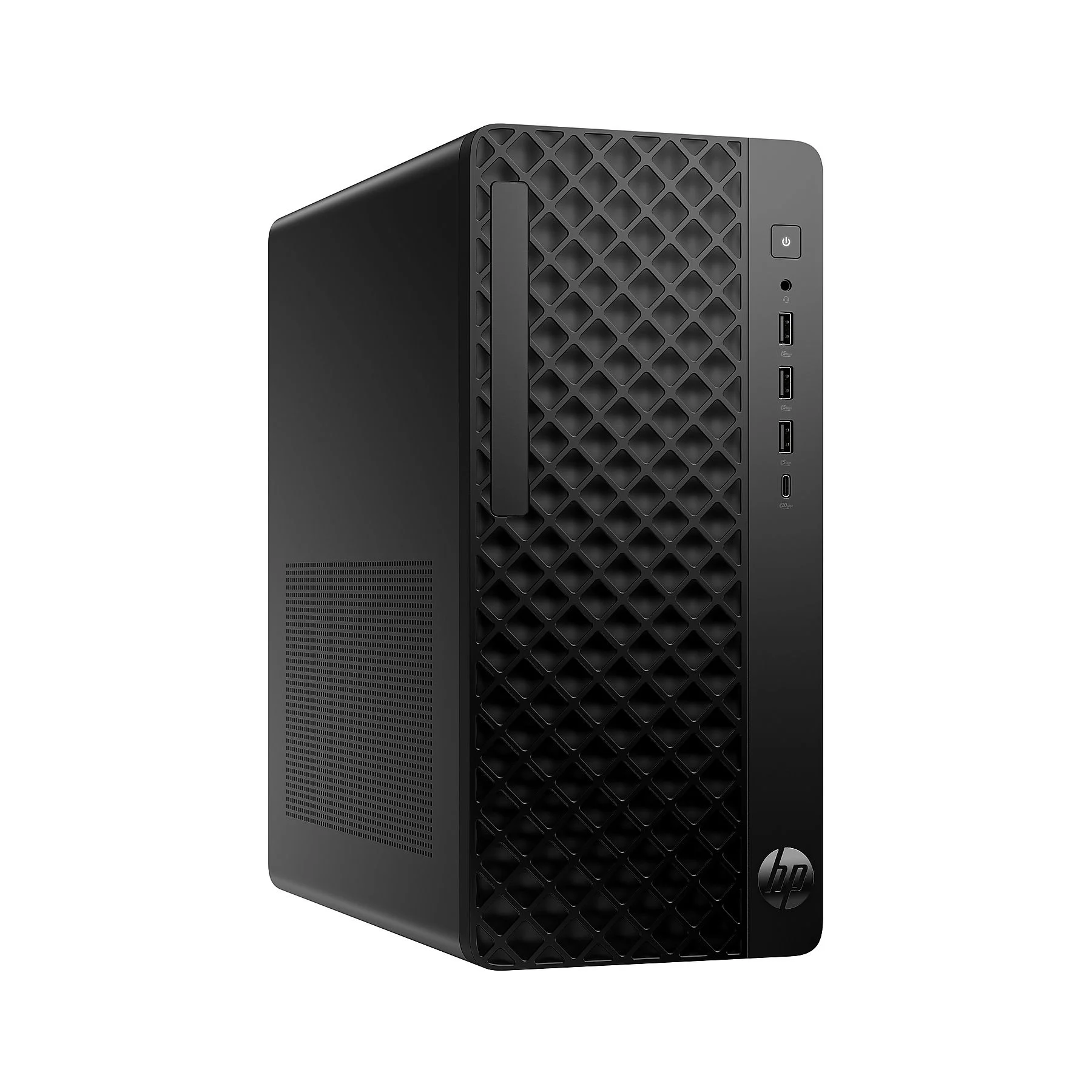 Computer desktop HP nero con porte USB e pulsante di accensione.