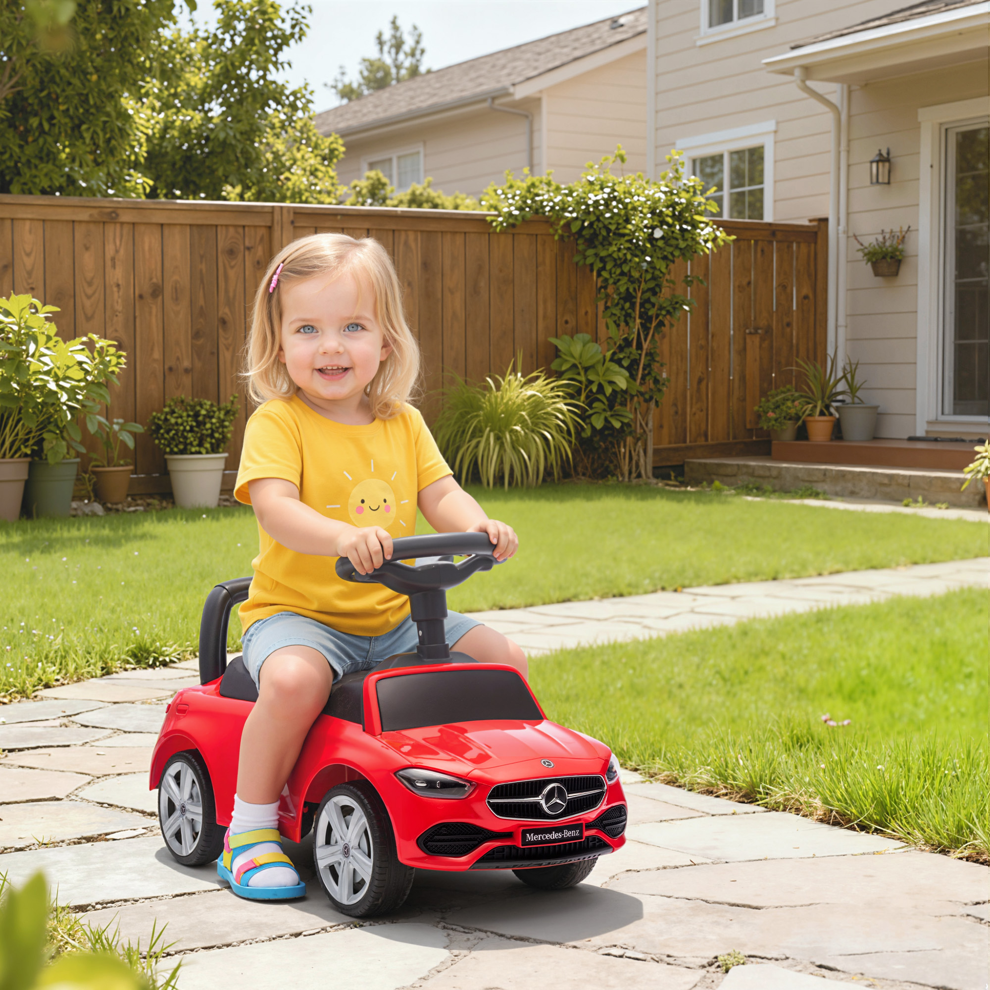 Una niña pequeña monta un coche Mercedes de juguete rojo en un jardín.