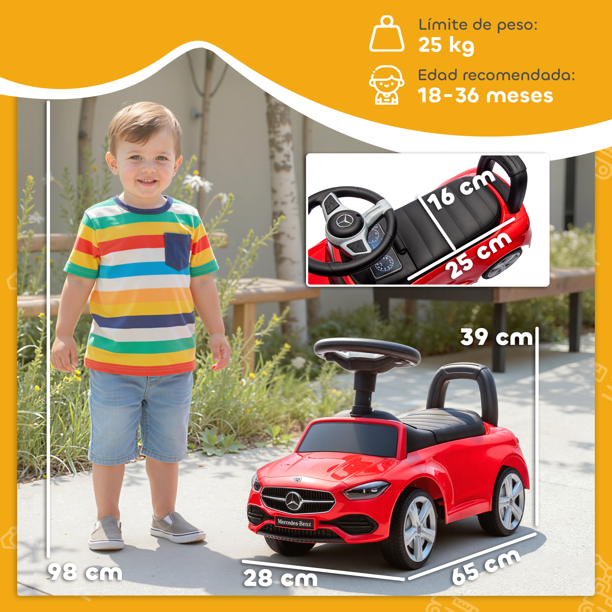 Un niño está junto a un cochecito rojo Mercedes-Benz. Se muestran las dimensiones.