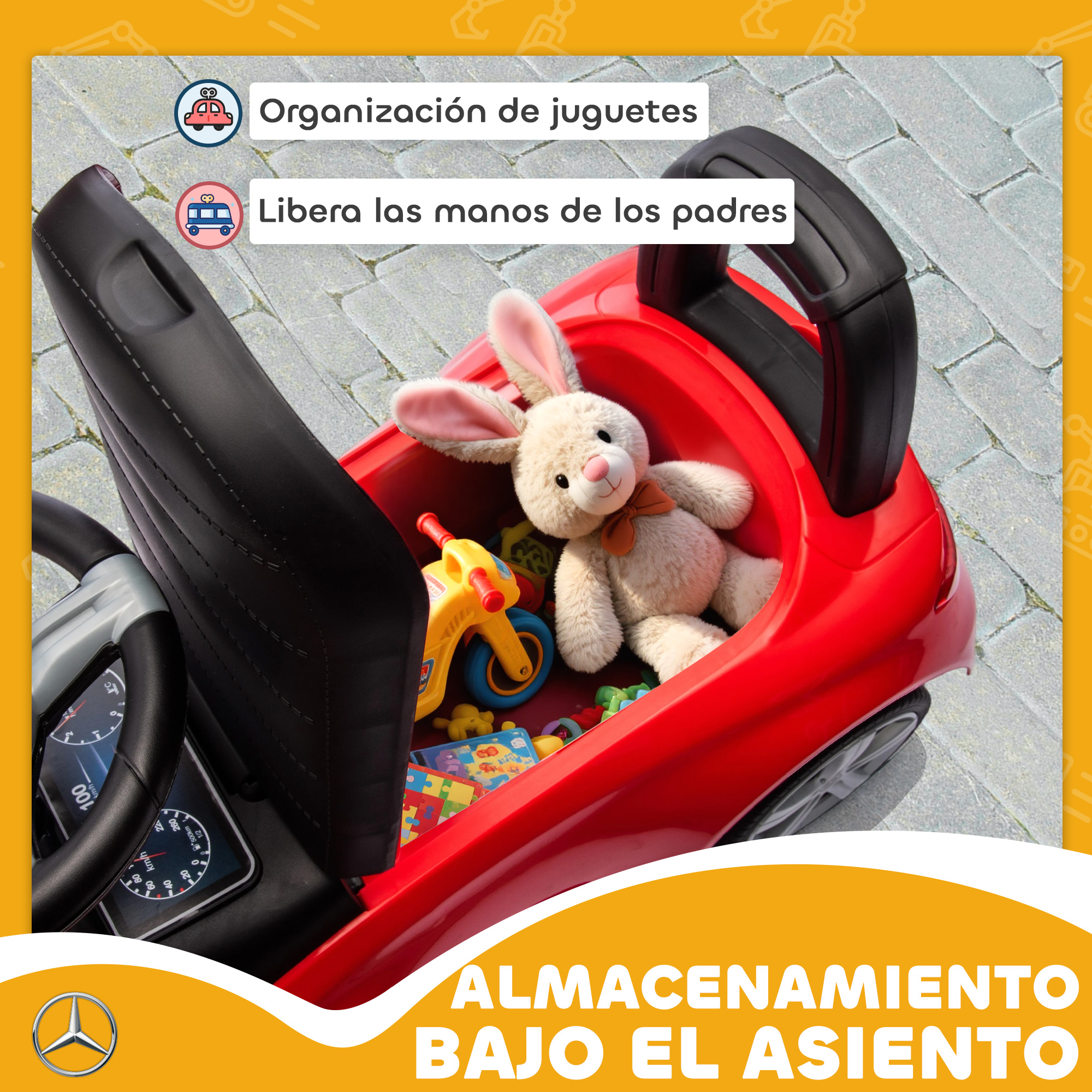 Un coche de juguete rojo con un peluche de conejo y juguetes.