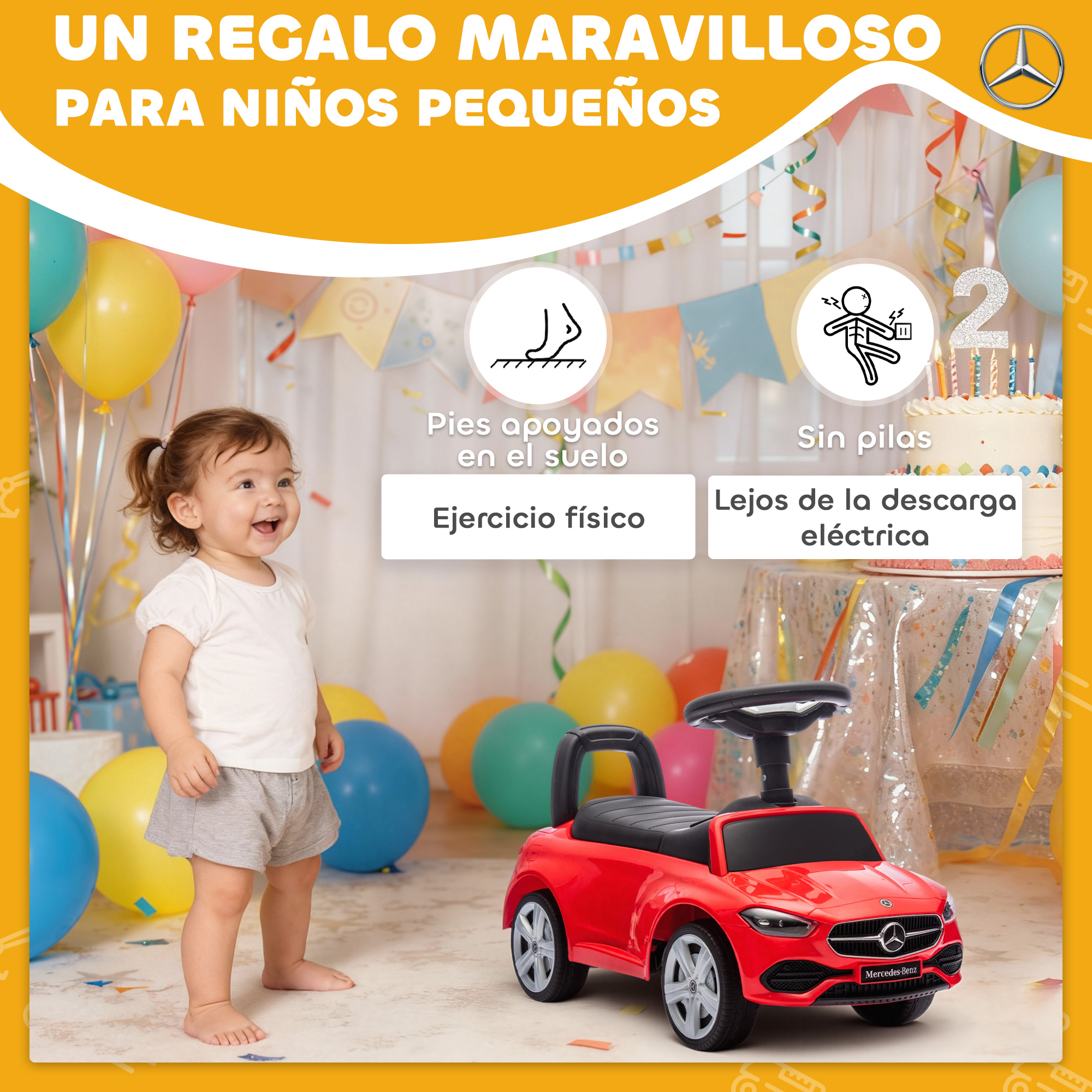 Un coche de juguete rojo con un bebé al lado, rodeado de globos y decoración de cumpleaños.