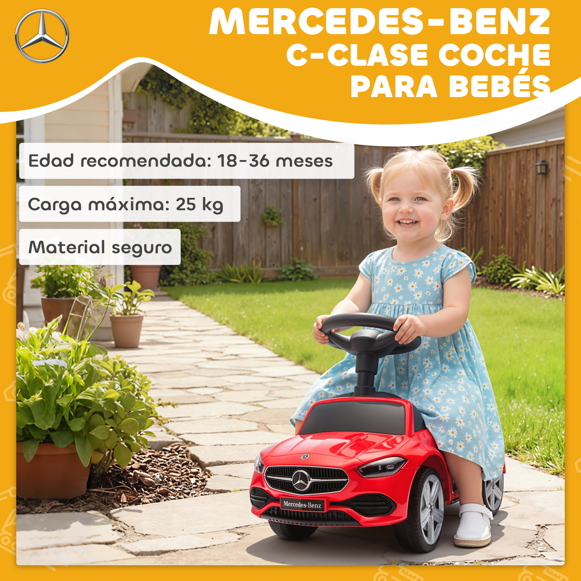 Una niña pequeña monta un coche de juguete Mercedes rojo en un jardín.