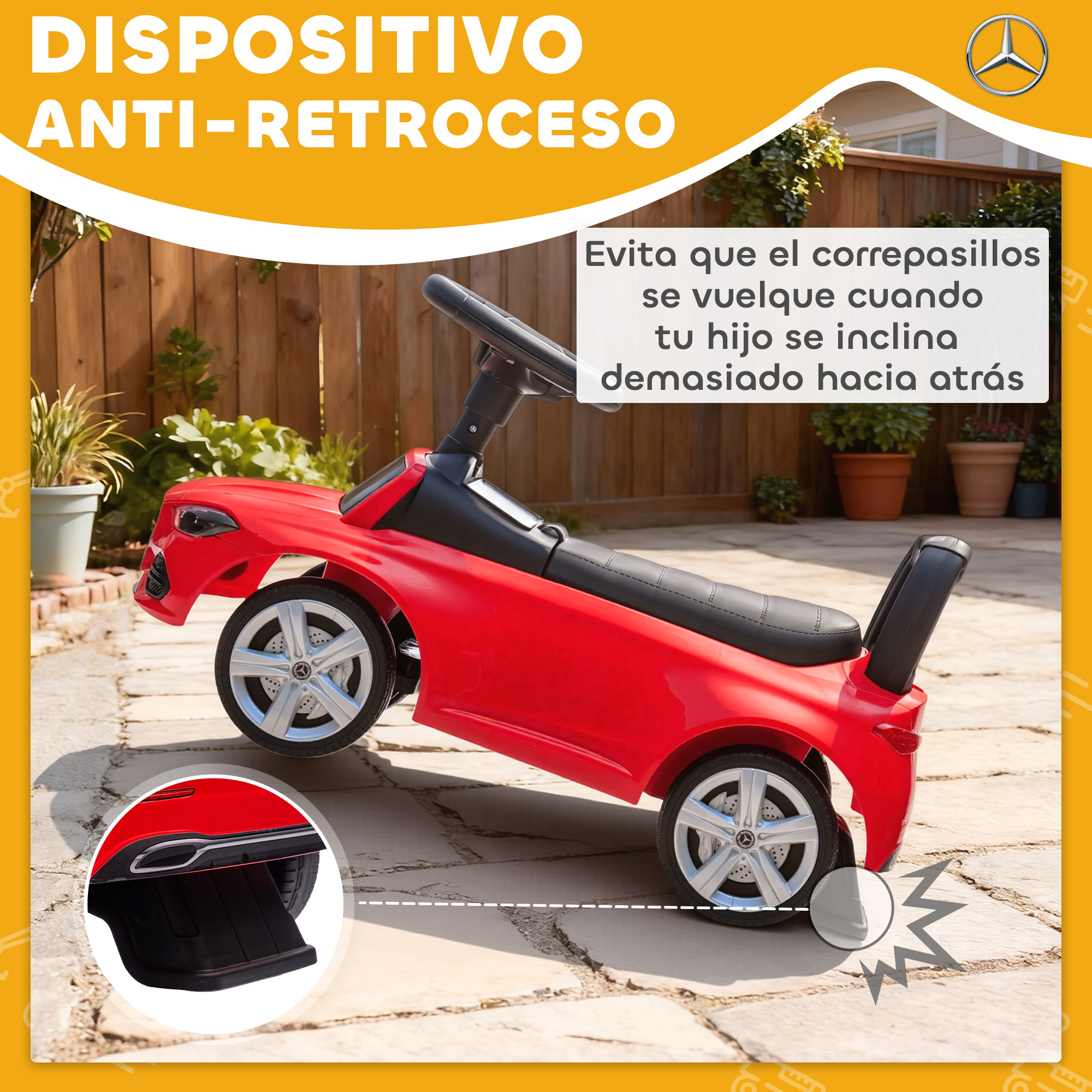 Un coche de juguete rojo con logo Mercedes está afuera en un camino pavimentado.