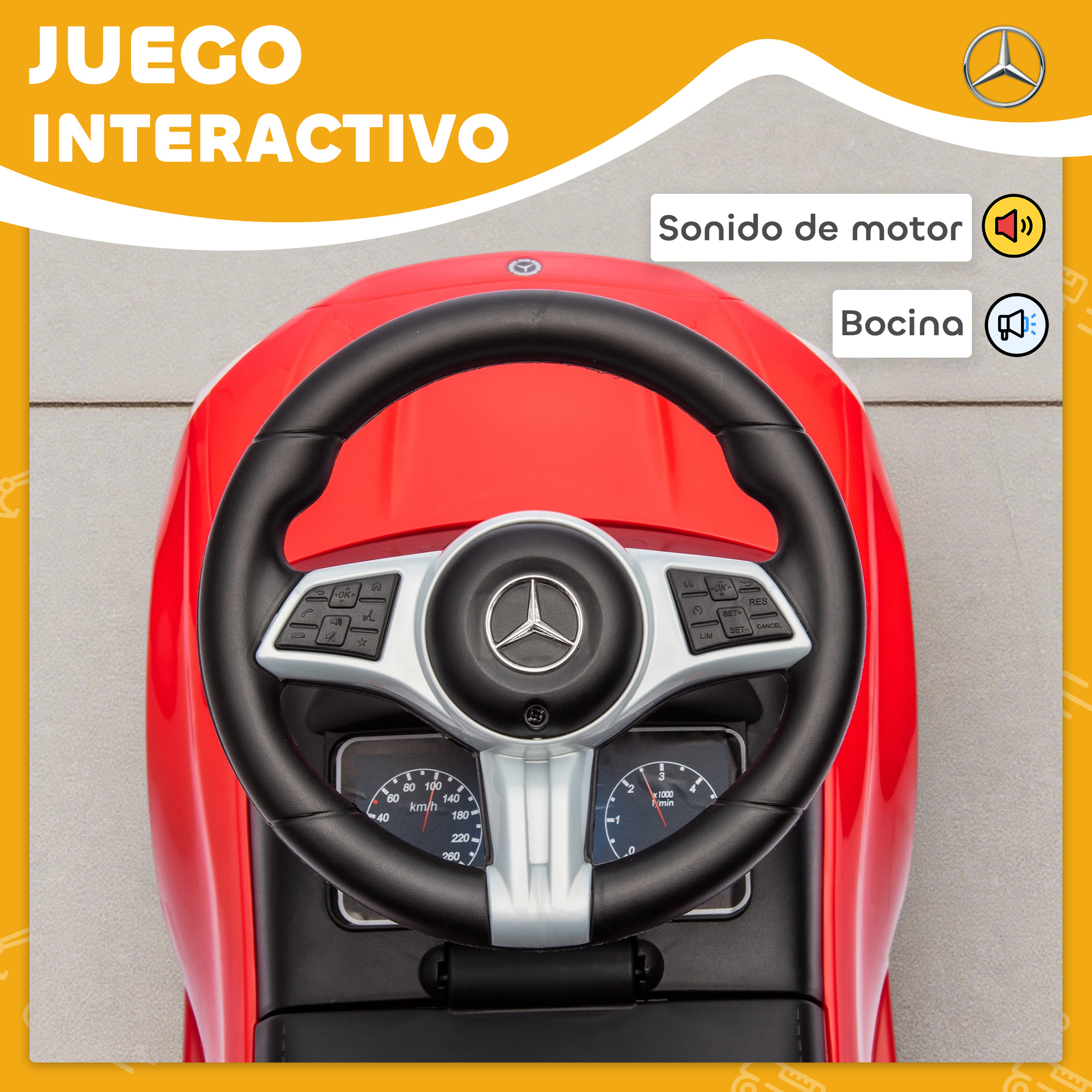 Cabina de coche de juguete roja con volante, salpicadero y logo Mercedes.