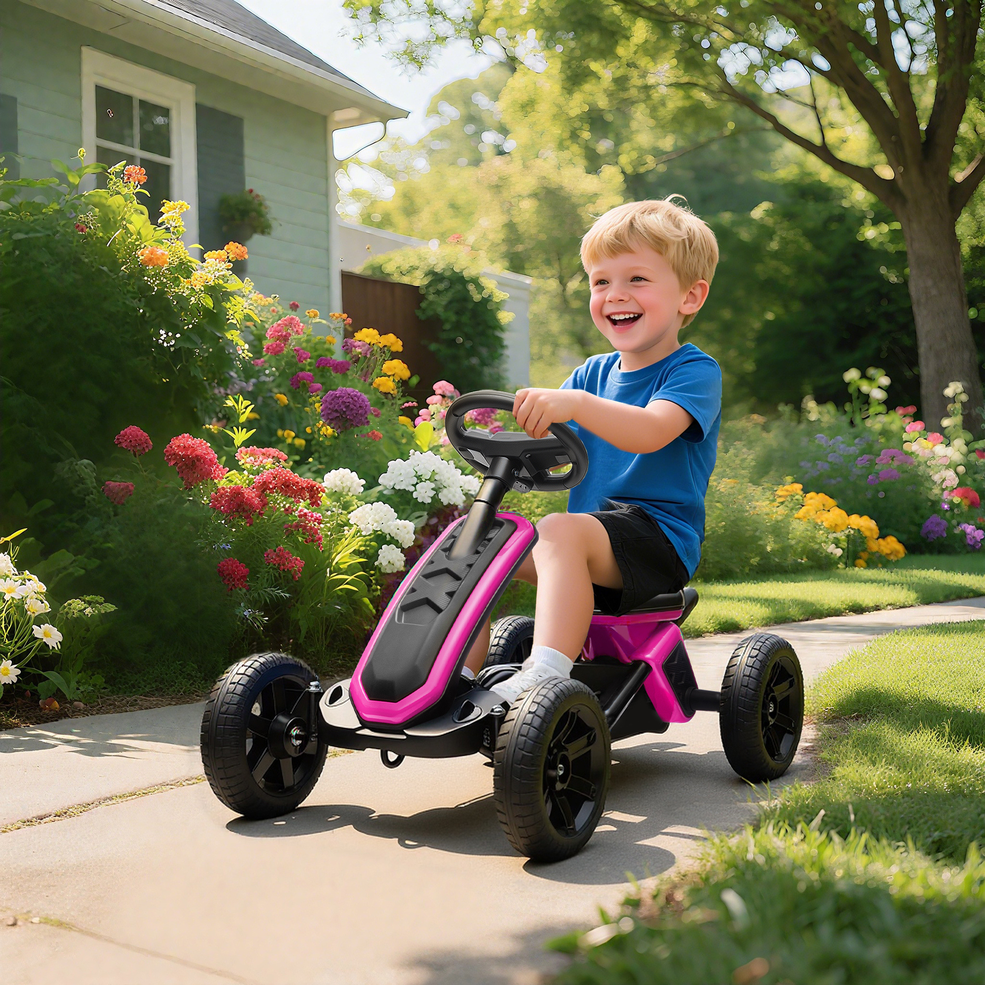 Un niño monta un go-kart rosa en una acera, rodeado de flores.