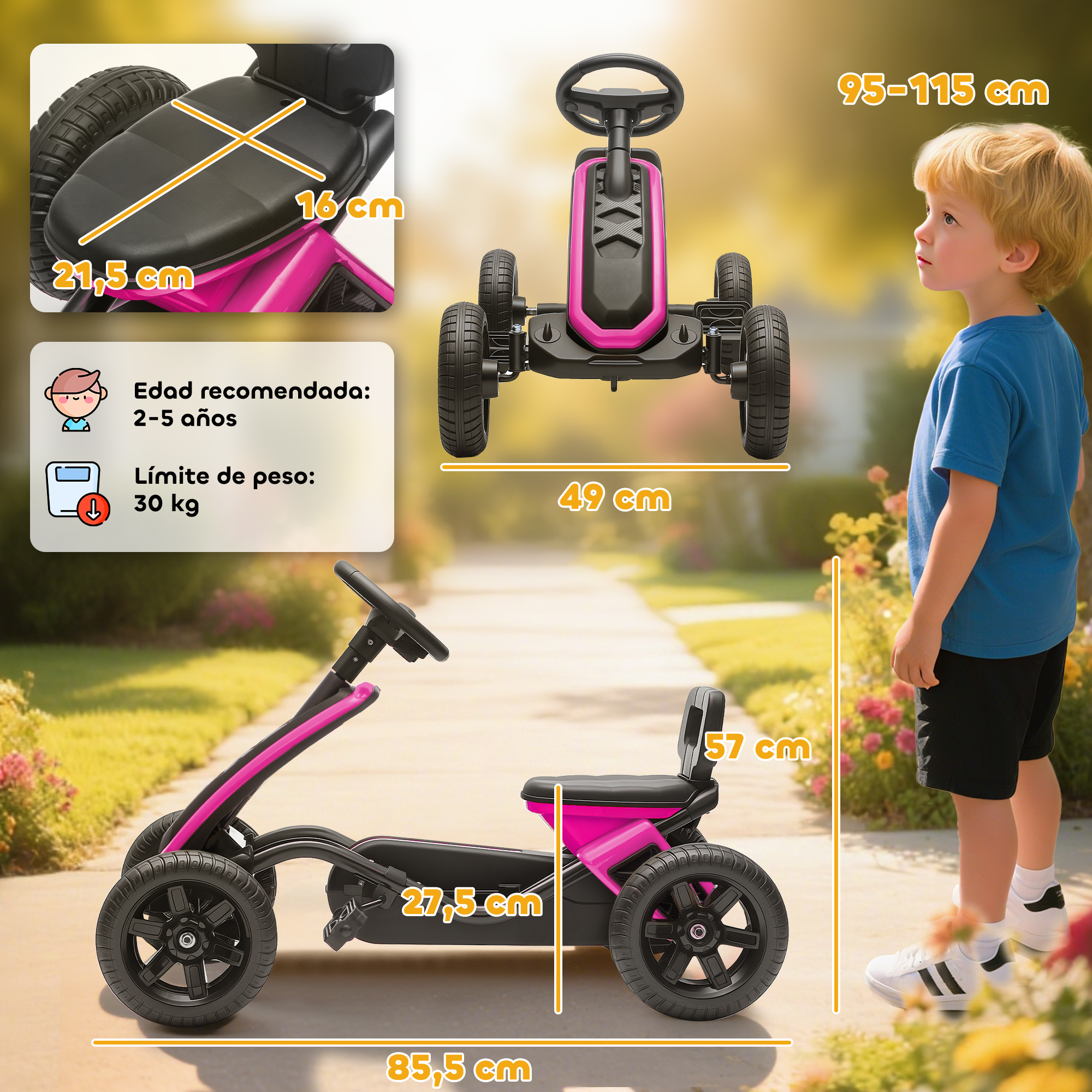 Un go-kart rosa con un niño al lado, se muestran las dimensiones.
