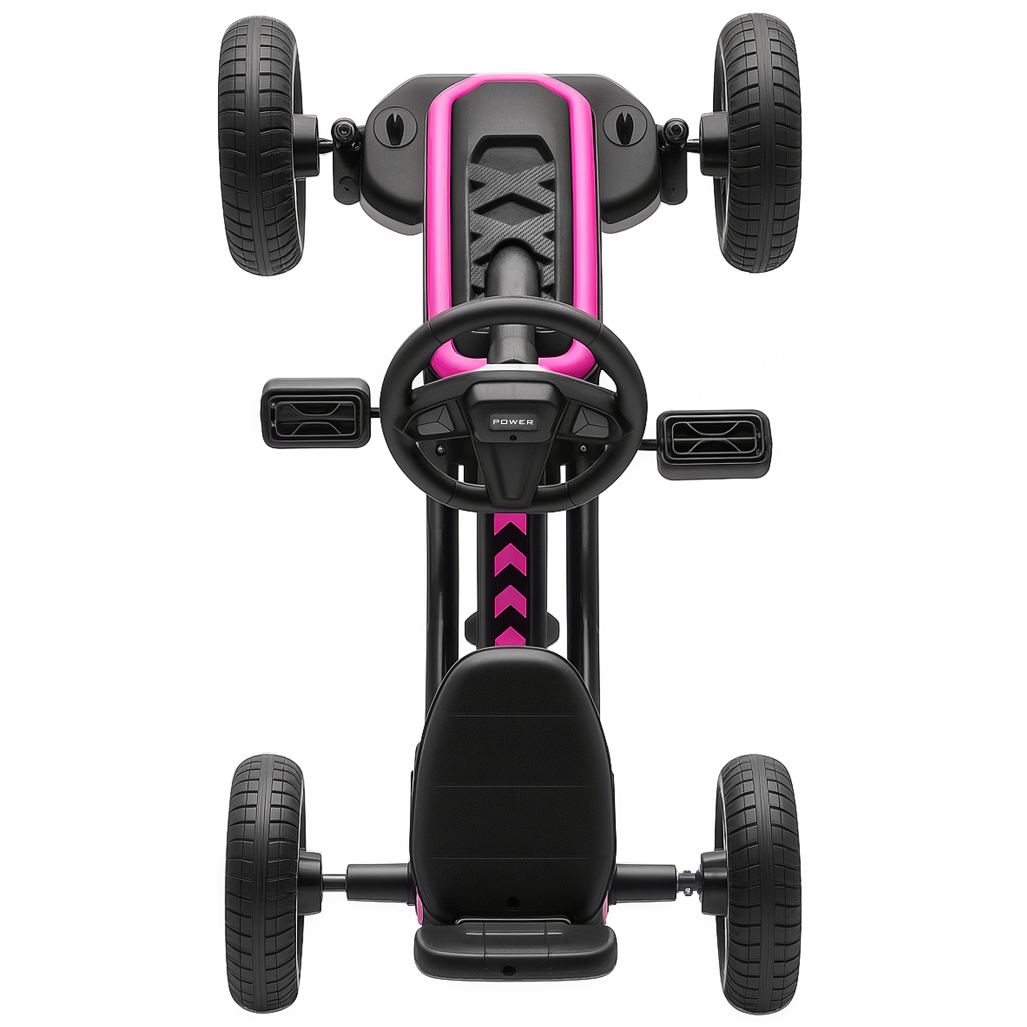 Un go-kart negro y rosa con cuatro ruedas, volante y asiento.