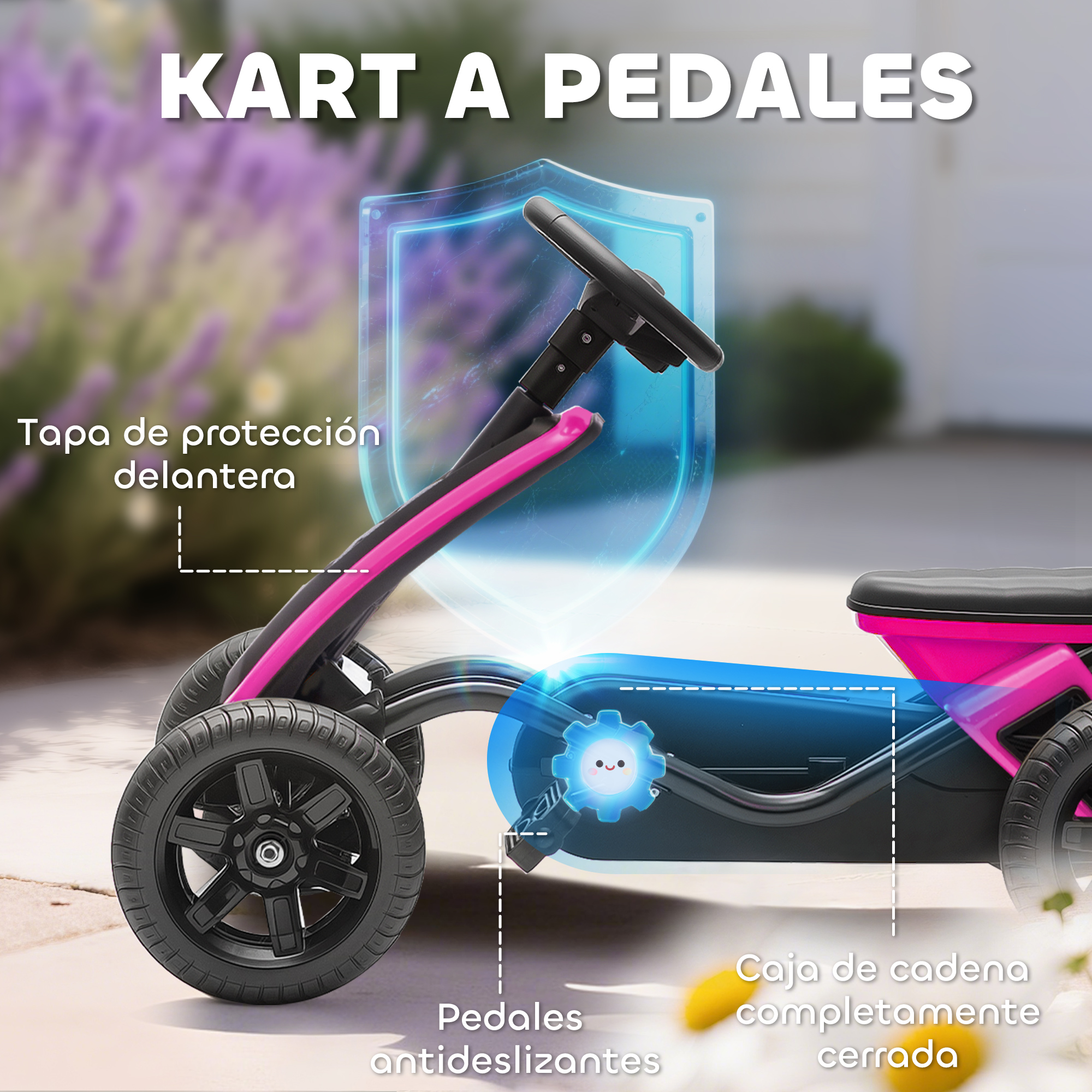 Un kart a pedales rosa y negro con escudo protector y cadena cerrada.