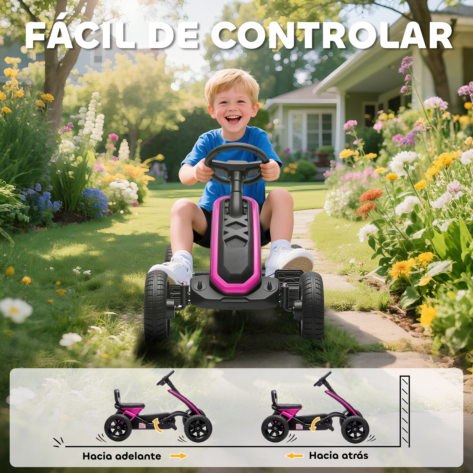 Un niño conduce un go-kart rosa en un jardín con flores, casas y césped.