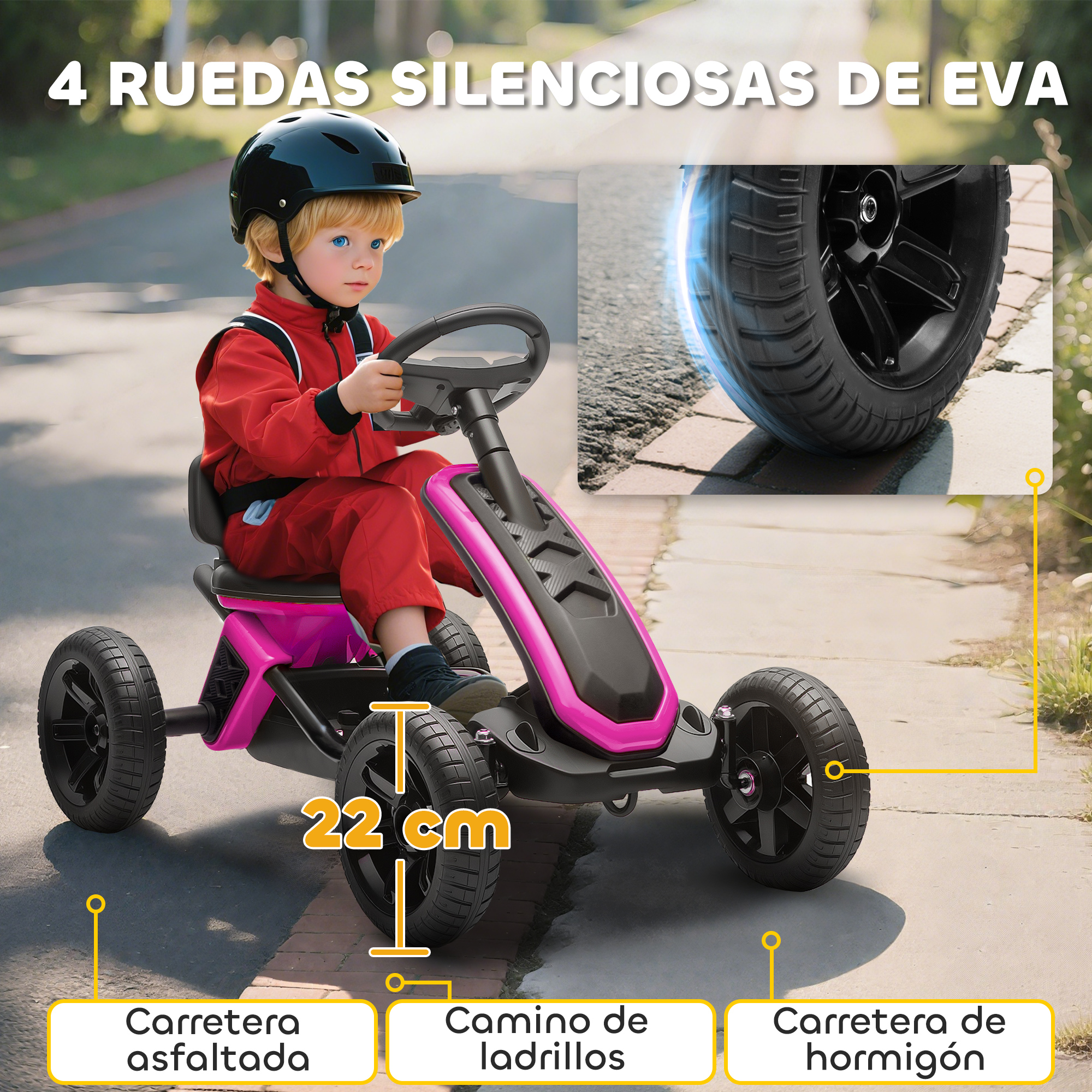Niño con traje de carreras rojo conduce kart rosa con ruedas de 22cm.