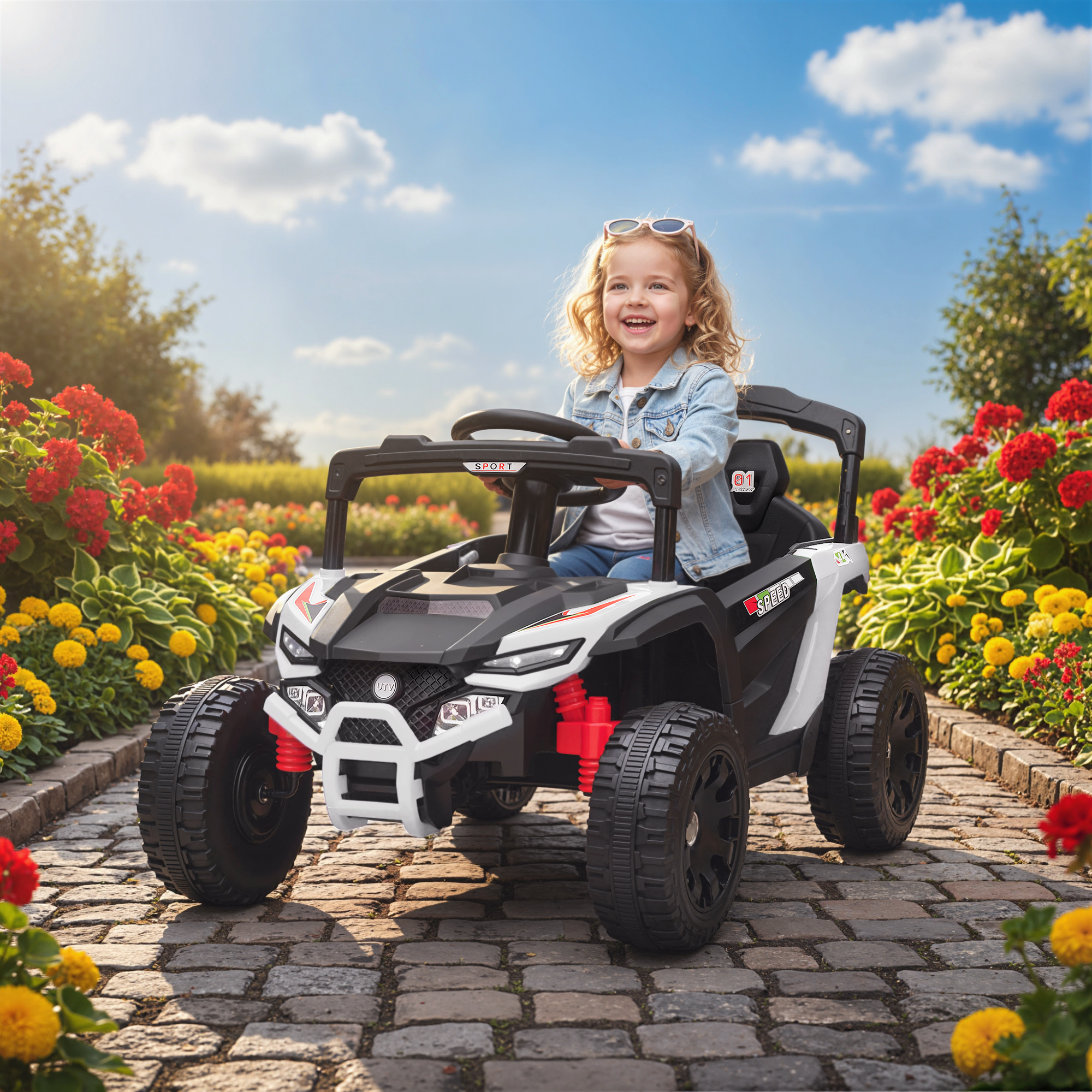 Una niña feliz conduce un UTV blanco y negro por un camino bordeado de flores.