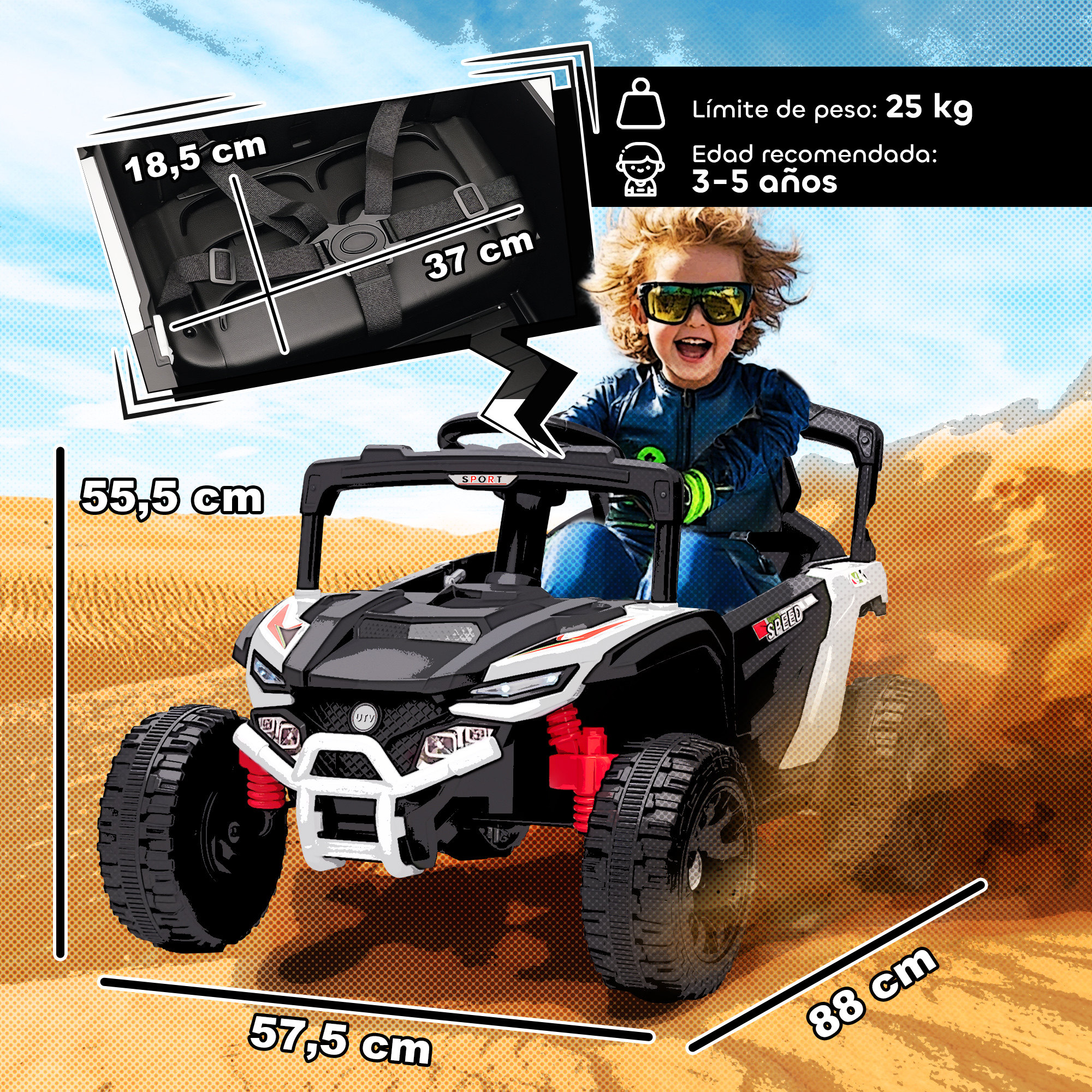 Un niño conduce un buggy eléctrico blanco y negro en la arena. Se muestran dimensiones.