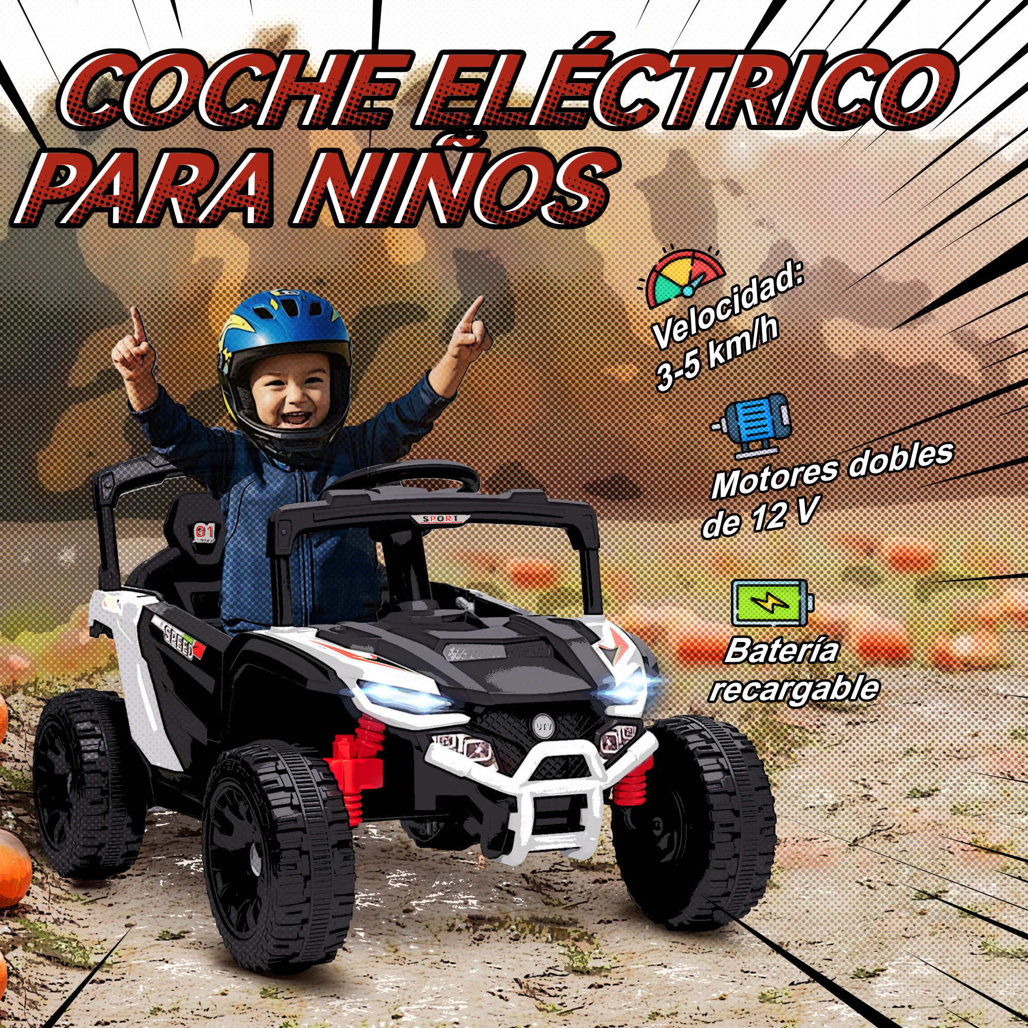 Un niño con casco azul conduce un UTV eléctrico negro al aire libre.